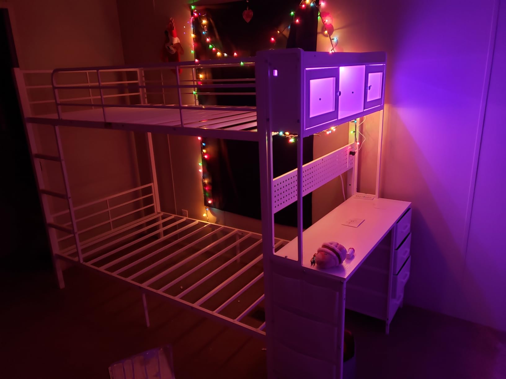 ADORNEVE Bunk Bed Twin Over Twin with Desk,Twin Size Bunk Beds with LED Light & Charging Station,Metal Bed with Safety Guardrail & Ladder,for Kids & Teens,Space Saving,White customer photo 1