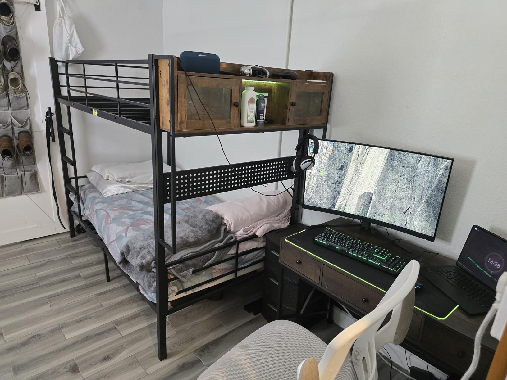 ADORNEVE Bunk Bed Twin Over Twin with Desk,Twin Size Bunk Beds with LED Light & Charging Station,Metal Bed with Safety Guardrail & Ladder,for Kids & Teens,Space Saving,White customer photo 2