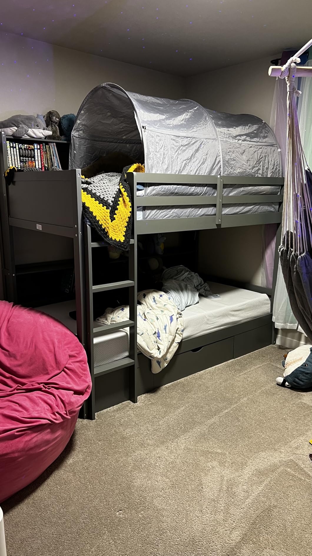 Twin Over Twin Gaming Bunk Bed with Desk and USB and LED Light, Twin Size Wooden Loft Bed Frame with Storage Shelves, Ladder, for Kids Boys Teens Adults, Space Saving (Black+Red) customer photo 2