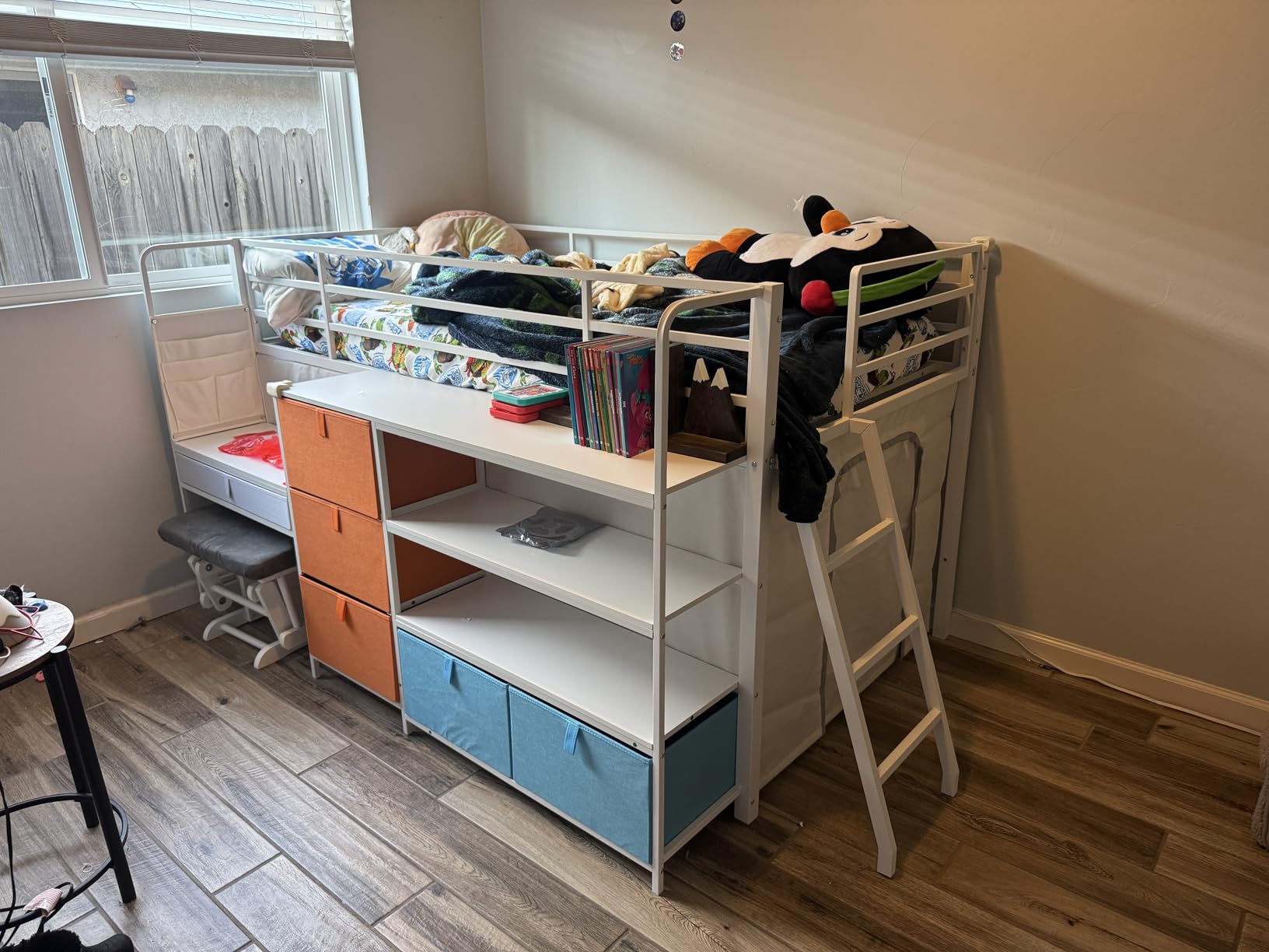 DICTAC Low Loft Bed with Desk and 6 Storage Drawers Twin Loft Bed with Bookshelf,LED Lights & Under-Bed Play Space,Kids Twin Beds with 13.8''H Safety Guardrail,Inclined Ladder&Play Curtain,Blue+Black customer photo 1