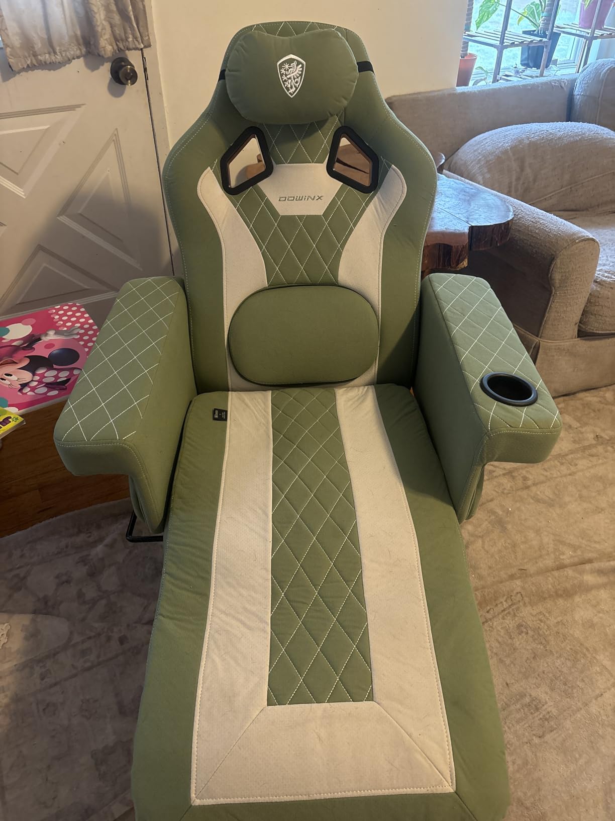 Dowinx Racing Style Gaming Recliner Chair with Massage Lumbar Support, Footrest, Cup Holder, Side Pouch, High Back Ergonomic Video Game Chair Reclining No Wheels Heavy Duty, Fabric Green customer photo 1