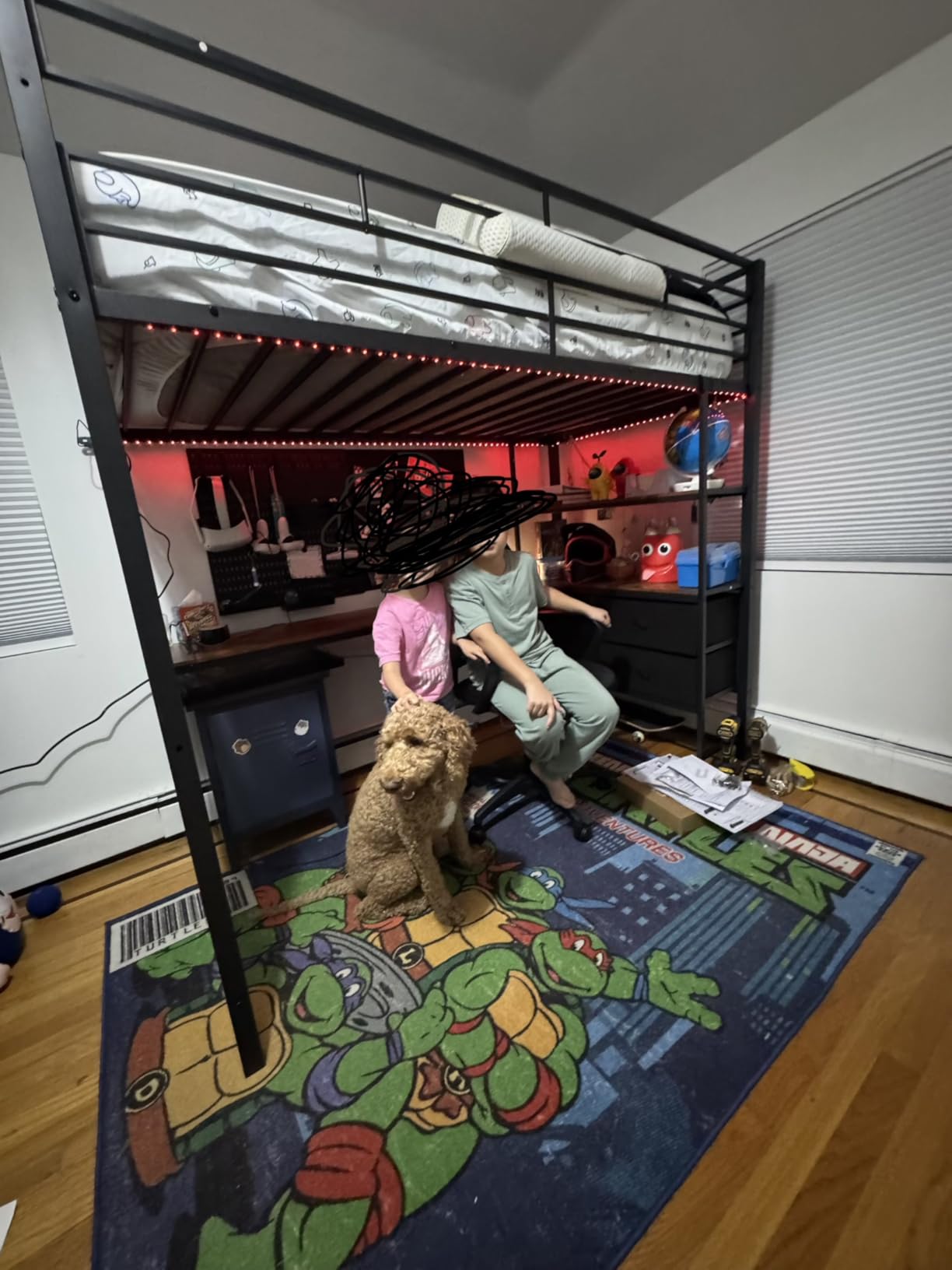 VINGLI Twin Gaming Loft Bed Frame with Desk and Dresser, Metal Single High Sleeper with RGB LED Lights, 2 Built-in Power Outlets, 15