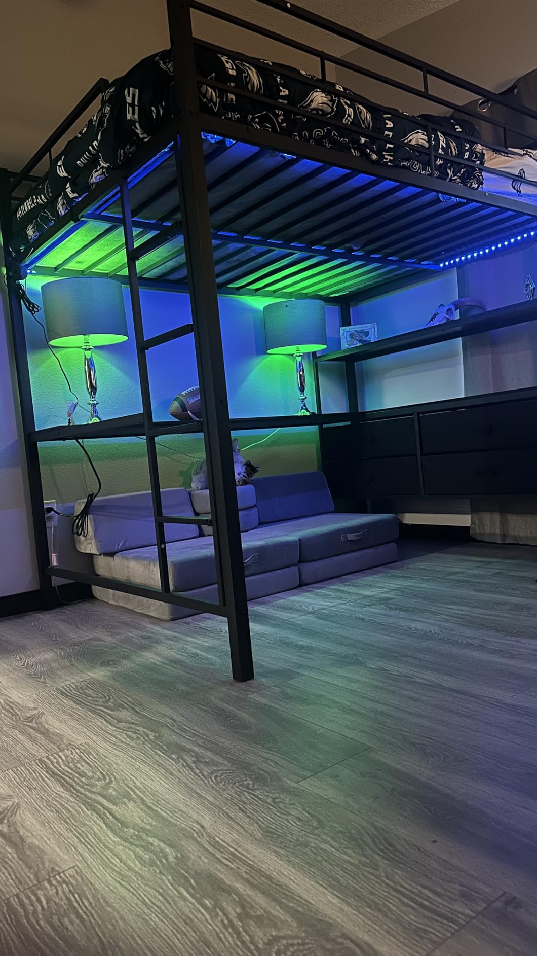 VINGLI Twin Gaming Loft Bed Frame with Desk and Dresser, Metal Single High Sleeper with RGB LED Lights, 2 Built-in Power Outlets, 15