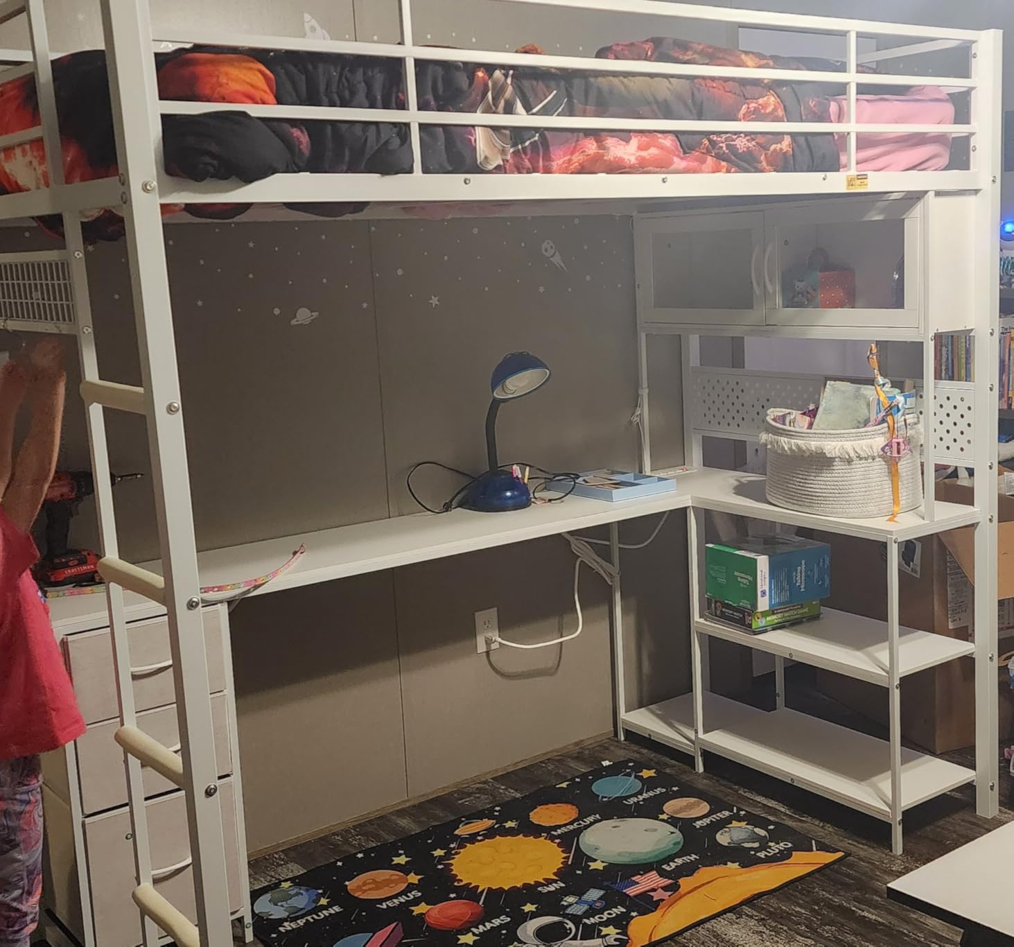 ADORNEVE Gaming Loft Bed Full Size with L-Shaped Desk, Arcylic RGB Hutch & Safety Power Outlet, Metal Loft Bed with Storage Drawer, Shelves, Safety Guardrail & Ladder, Space Saving for Teens, Black customer photo 2