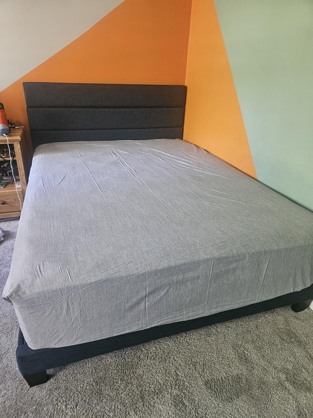 Allewie Queen Size Platform Bed Frame with Fabric Upholstered Headboard and Wooden Slats Support, Fully Upholstered Mattress Foundation/No Box Spring Needed/Easy Assembly, Dark Grey customer photo 1