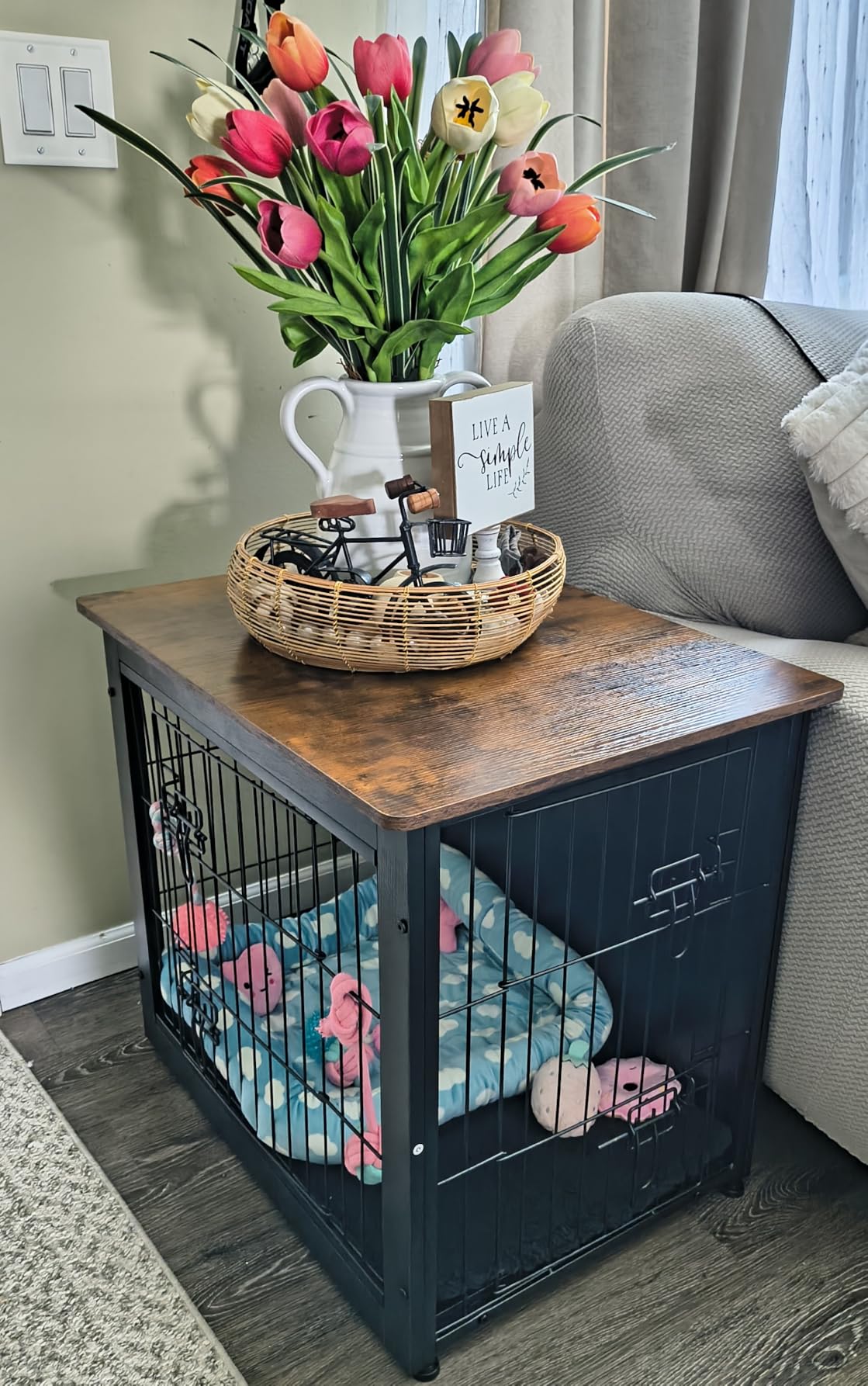 DWANTON Dog Crate Furniture with Cushion, Wooden Kennel Table with Double Doors, Indoor Dog House, Large Size, 38.5