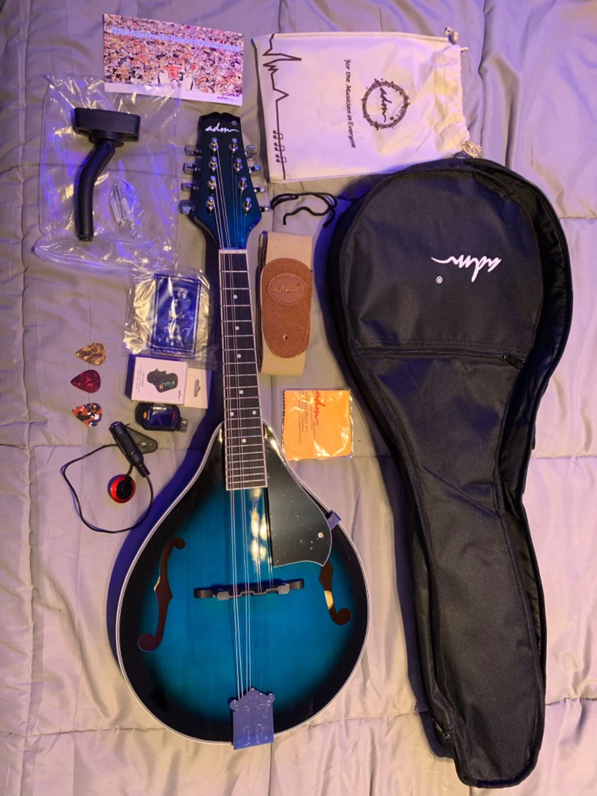 ADM Acoustic Mandolin Instrument Kit Music A Style for Kids Students Adults Wood Mandolins Beginner Set With Bag, Tuner, Pick-up, Strap, Strings, Picks and Hanger, Blue customer photo 1