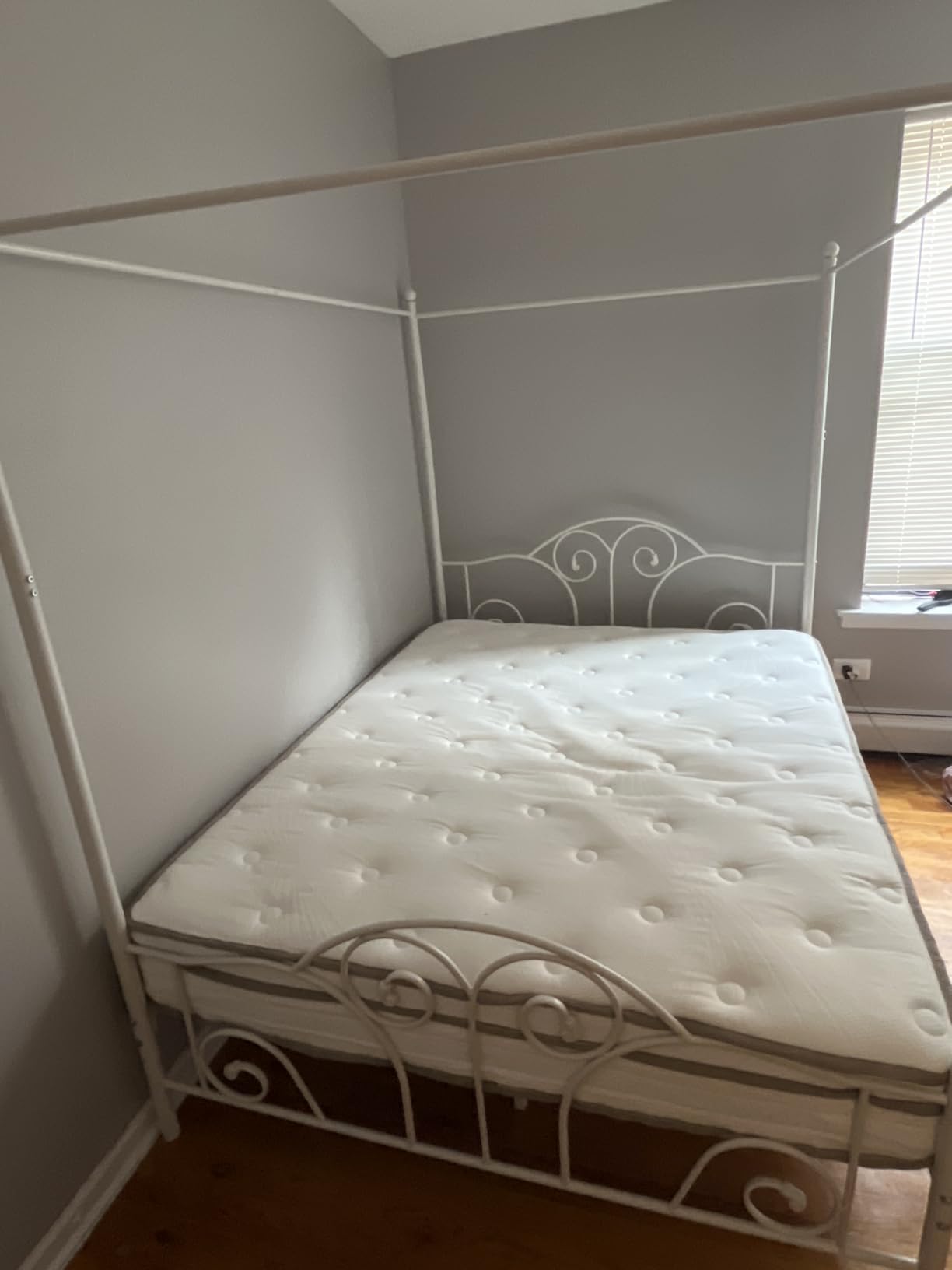 Queen Size Four-Poster Metal Canopy Bed Frame with Headboard and Footboard Sturdy Slatted Structure No Box Spring Needed White customer photo 1