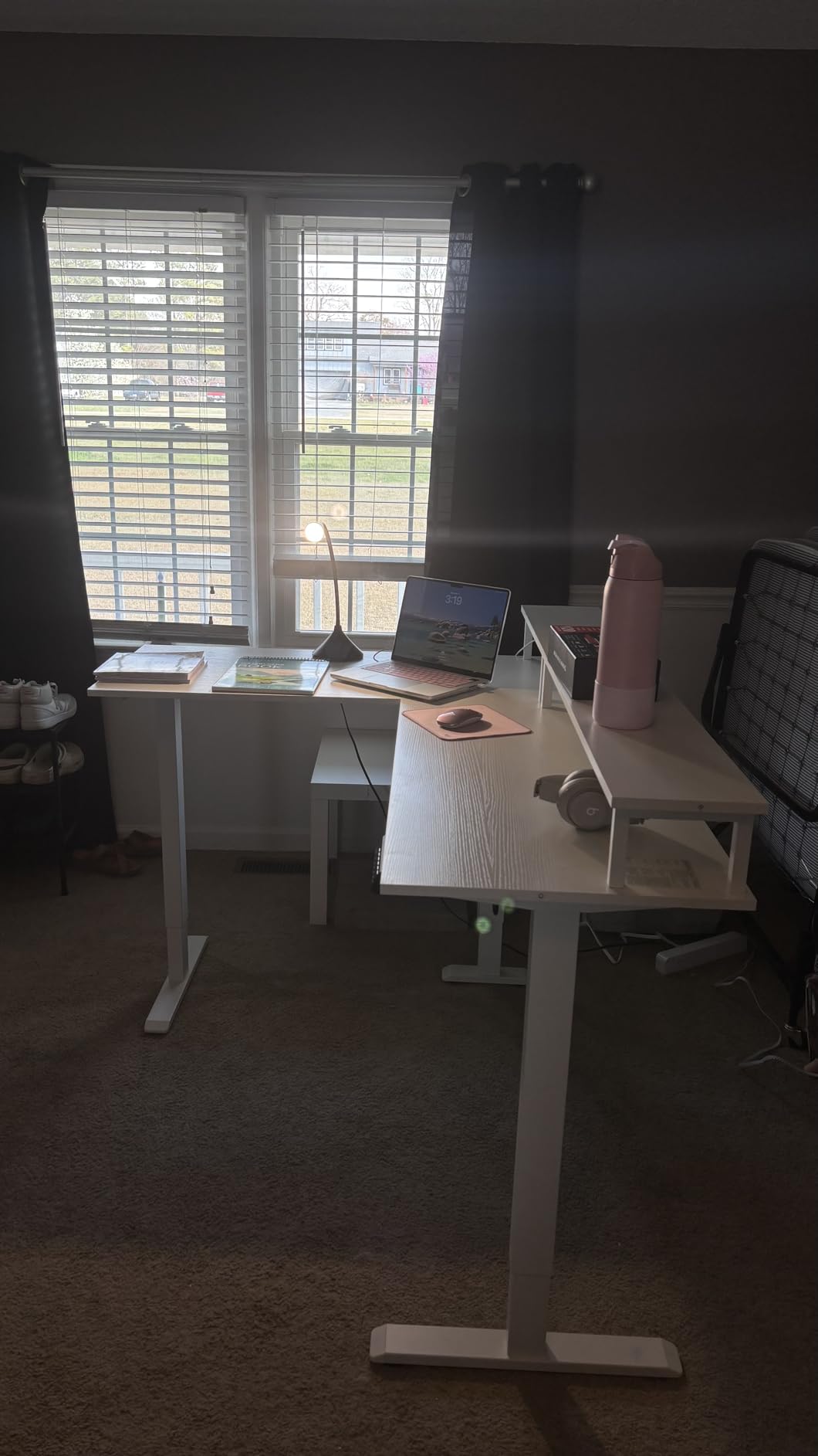 AODK Electric L-Shaped Standing Desk, 59 Inch Height Adjustable Office Desk with Monitor Stand, Sit-Stand Desk with Power Outlets, Large Lift Table for Home, Office, Workstation, White customer photo 1