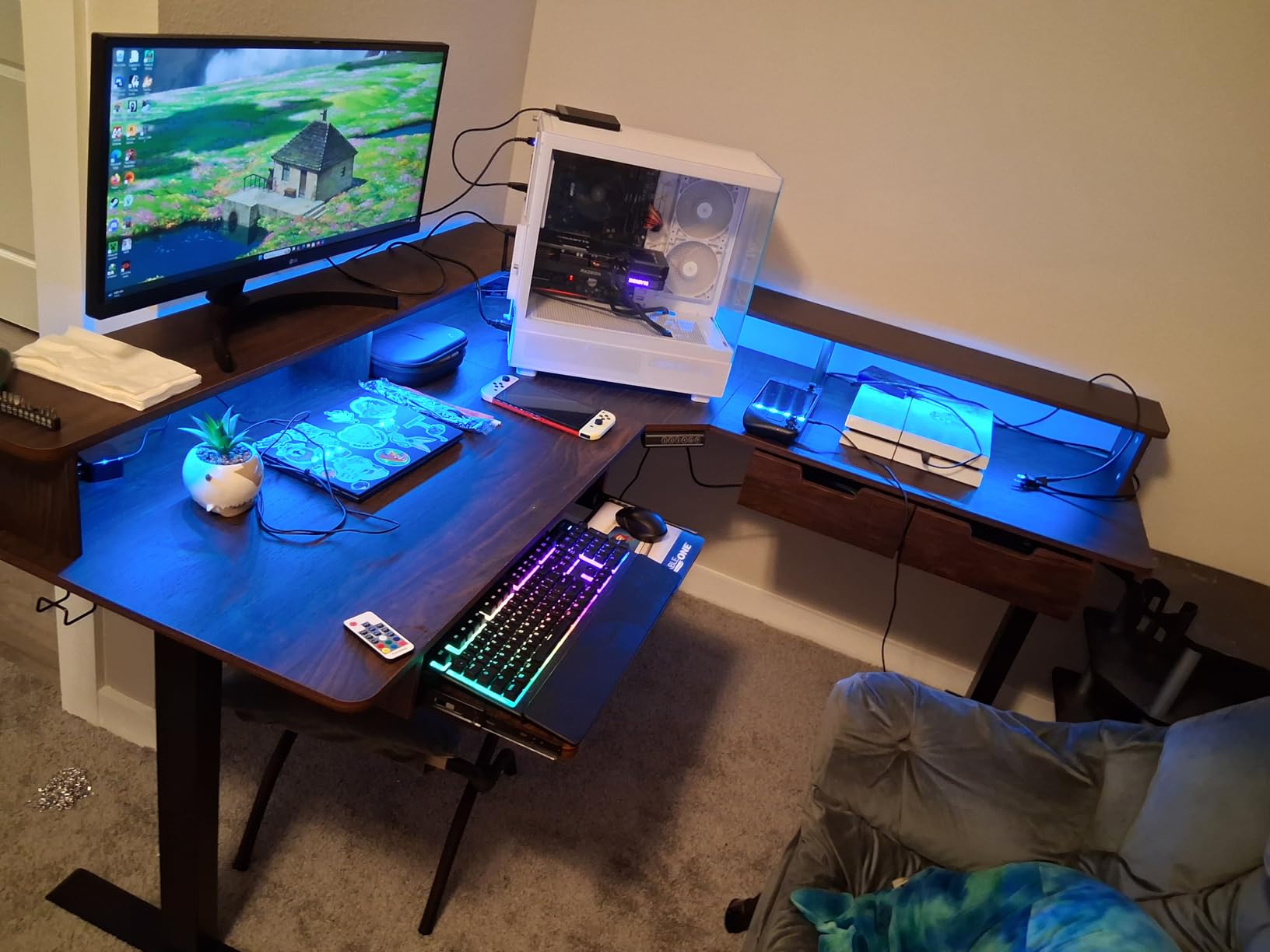 RedLemon 60 Inches L Shaped Electric Standing Desk, Height Adjustable Corner Gaming Desk with Drawers, Keyboard Tray, Power Outlets & LED Lights, Computer Desk with Monitor Shelf, Antique White customer photo 1