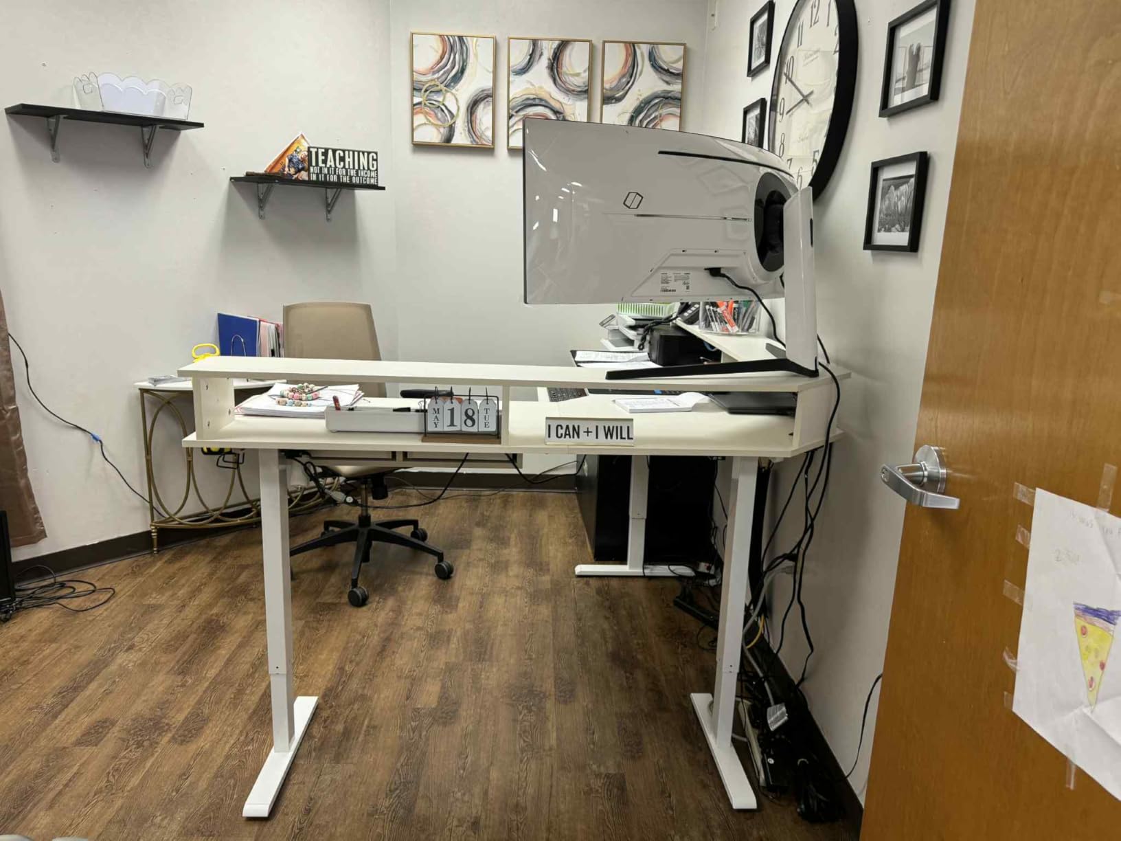 RedLemon 60 Inches L Shaped Electric Standing Desk, Height Adjustable Corner Gaming Desk with Drawers, Keyboard Tray, Power Outlets & LED Lights, Computer Desk with Monitor Shelf, Antique White customer photo 2