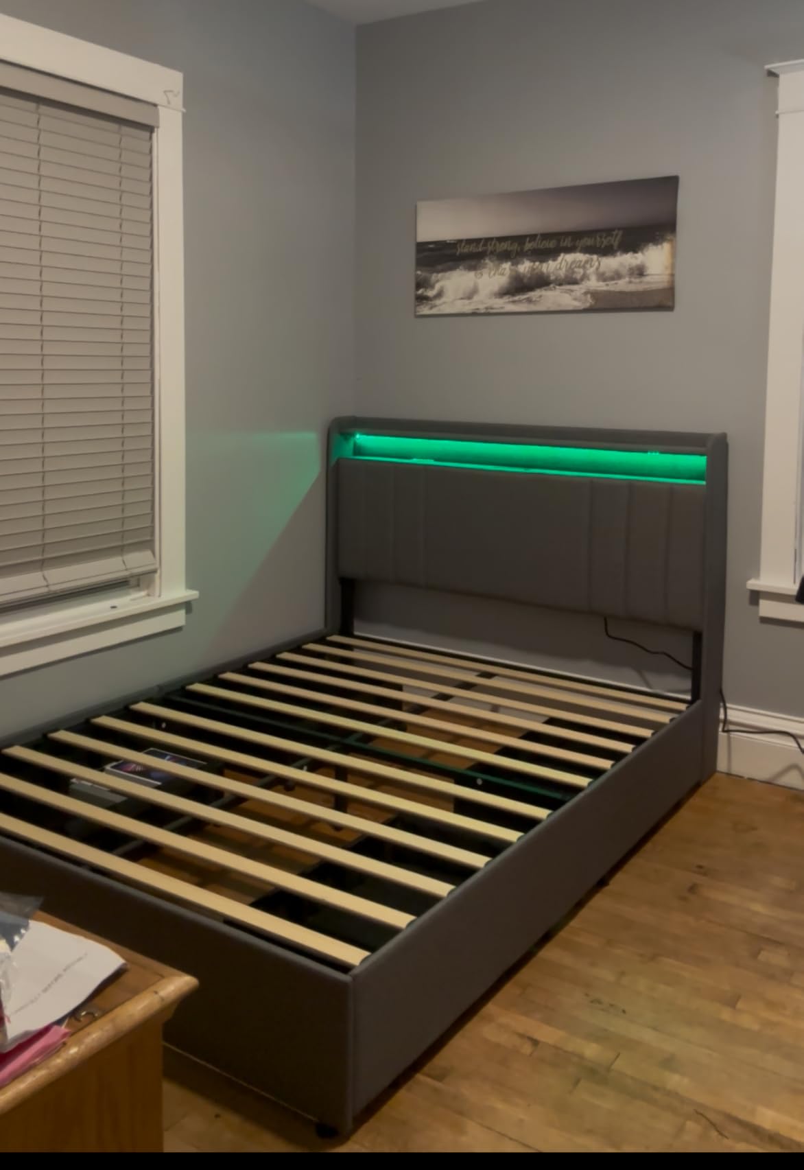 Koorlian Queen Size Upholstered Bed Frame with 2-tier Storage Headboard and 4 Dustproof Drawers, 51'' Tall LED Platform Bed Frames with Adjustable Headboard, USB/Type-C Charging and Side Storage, Grey customer photo 1