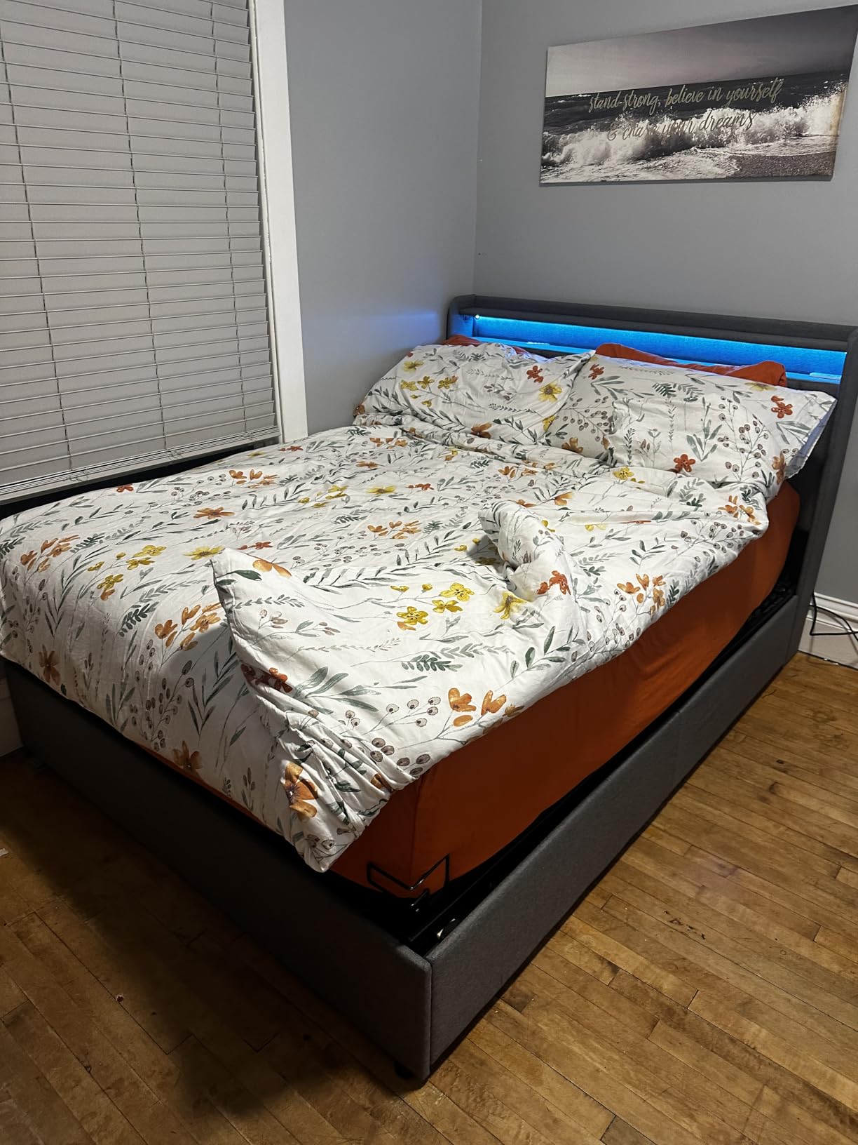 Koorlian Queen Size Upholstered Bed Frame with 2-tier Storage Headboard and 4 Dustproof Drawers, 51'' Tall LED Platform Bed Frames with Adjustable Headboard, USB/Type-C Charging and Side Storage, Grey customer photo 2