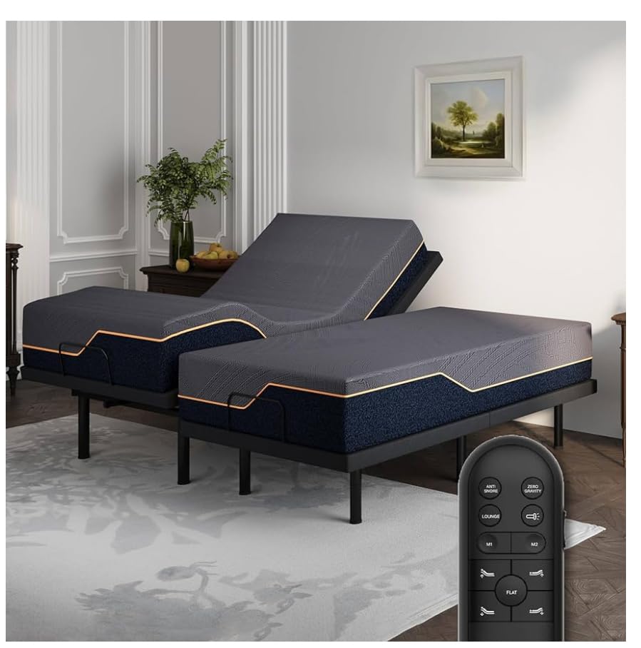 Dyonery Split King Adjustable Bed Frame with 14 inch Cooling Copper Memory Foam Mattress, Wireless Remote & Head and Foot Incline, CertiPUR-US Certified & Fiberglass Free, Zero Gravity, 80 x 76