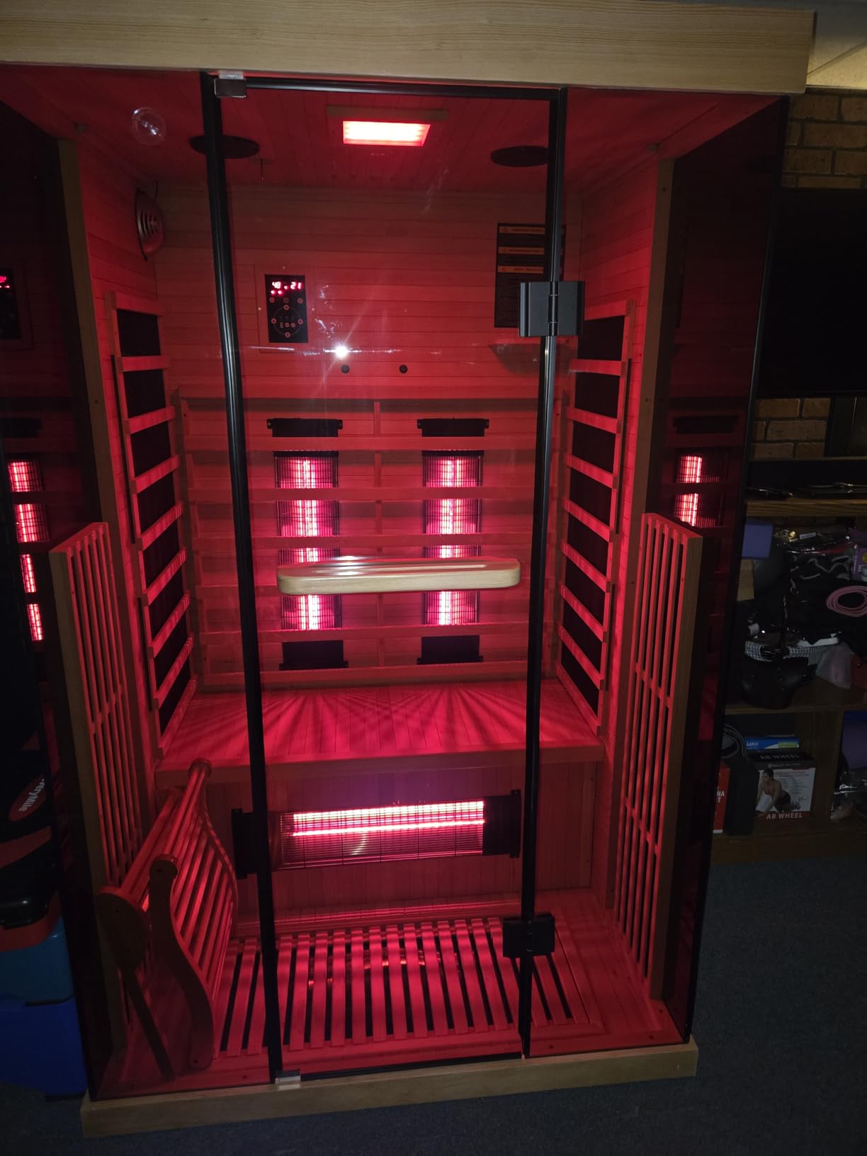 2 Person Infrared Sauna, Full Spectrum Home Sauna with Red Light Therapy, 15 Minutes Pre-Warm up Indoor Dry Saunas with 2-in-1 Door Handle, Canadian Hemlock,7 Color Light Belts, 110V customer photo 2