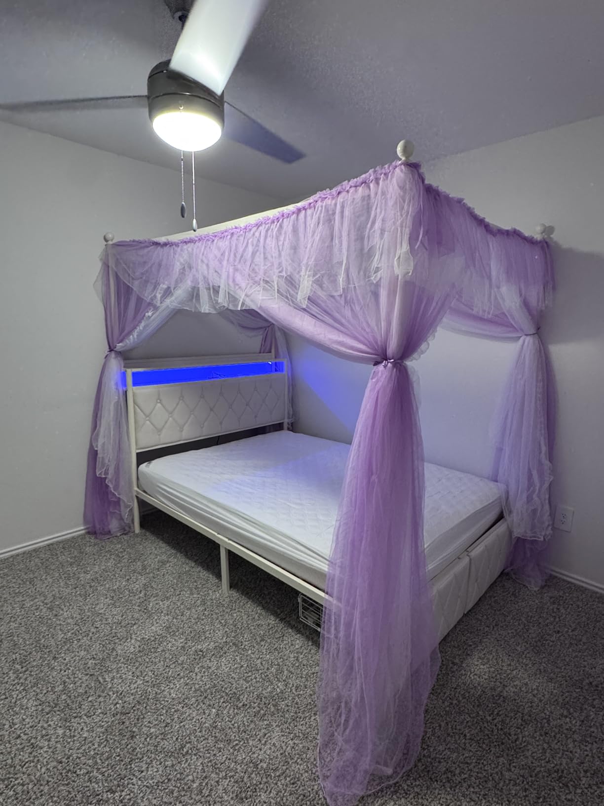 HIFIT Queen Size Upholstered LED Canopy Bed Frame with Storage and Charging Station, Button Tufted Storage Headboard with Bookshelf, Two-Use Metal Platform Bed with 4 Removable Post & 2 Drawers, Biege customer photo 2