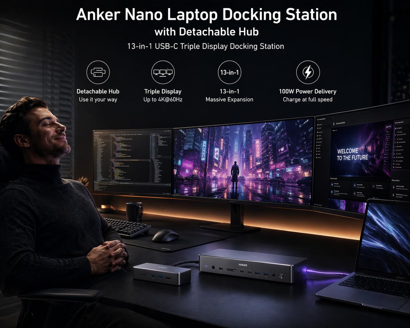 Anker Nano 13-in-1 Laptop Docking Station with Detachable 6-in-1 Hub, USB-C 3 Display Docking (2 HDMI+1 DP), 10 Gbps USB-C, 3 USB-A, Audio, SD/TF, Ethernet, 100W Max PD customer photo 1