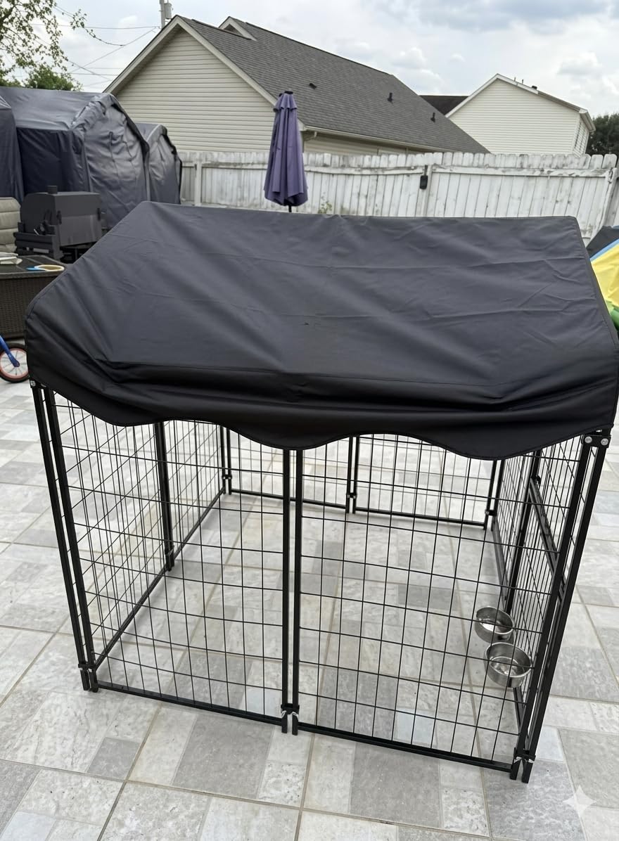 4x4x4.5ft Outdoor Dog Kennel, Metal Heavy Duty Dog Run with Rotating Door & 2 Adjustable Bowls, Dog Kennel Outside with Waterproof Cover customer photo 1
