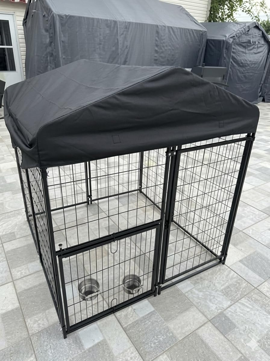 4x4x4.5ft Outdoor Dog Kennel, Metal Heavy Duty Dog Run with Rotating Door & 2 Adjustable Bowls, Dog Kennel Outside with Waterproof Cover customer photo 2