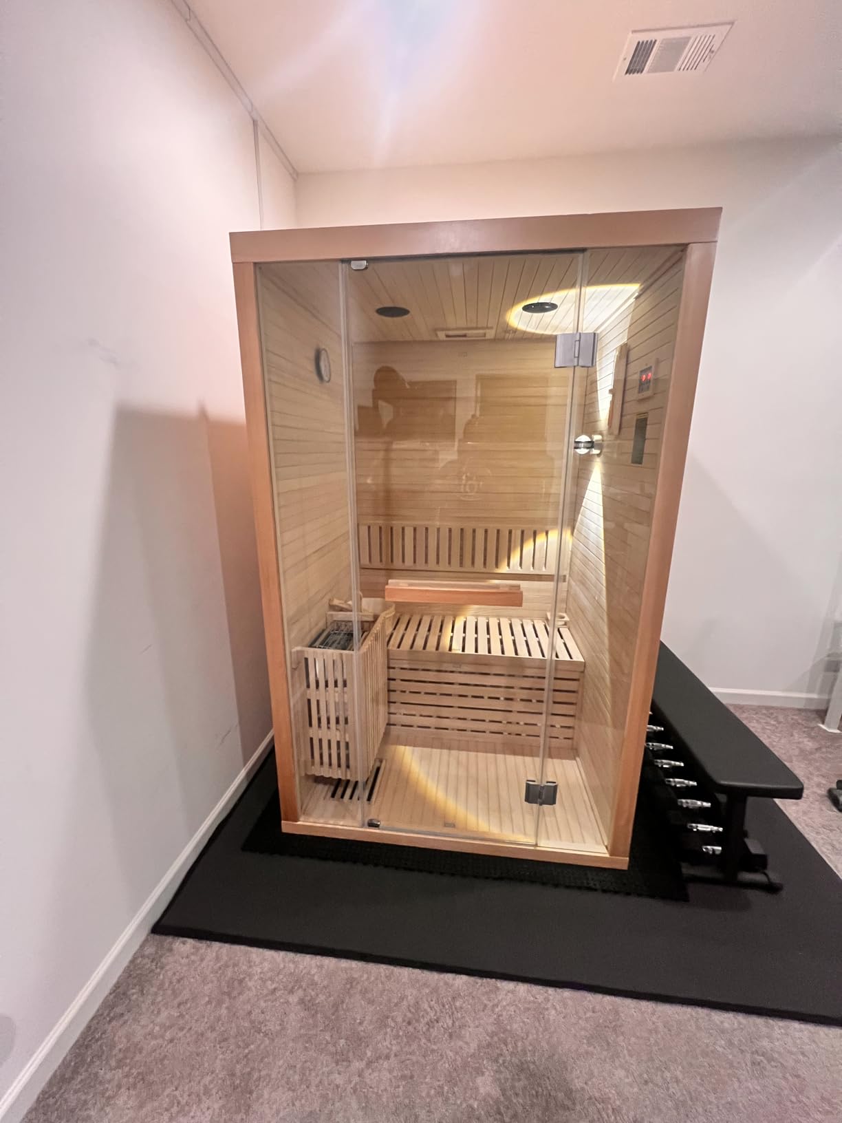 Steam Sauna 2-3 Person Traditional Indoor Sauna with 3KW/240V Stove Heater, Wood Sauna Room Hemlock with Wooden Barrel and Spoon, Sauna Stone, Cup Holder, LED Lighting, Bluetooth Speaker customer photo 1