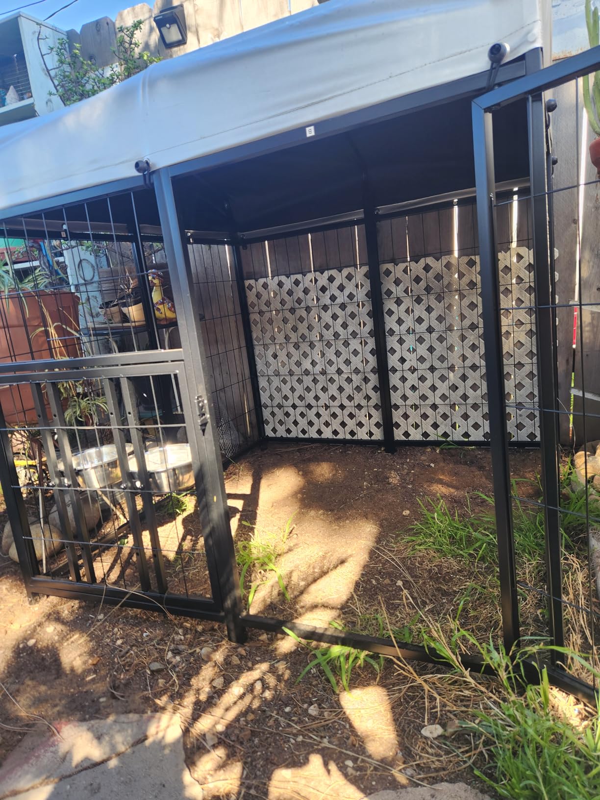 LOVMOR Outdoor Dog Kennel with Roof, Heavy Duty Steel Dog Run Enclosure for Small Dogs, Waterproof Canopy, Double Latch Door, Adjustable Feeding Bowls, 4'L x 4'W x 4.25'H customer photo 2