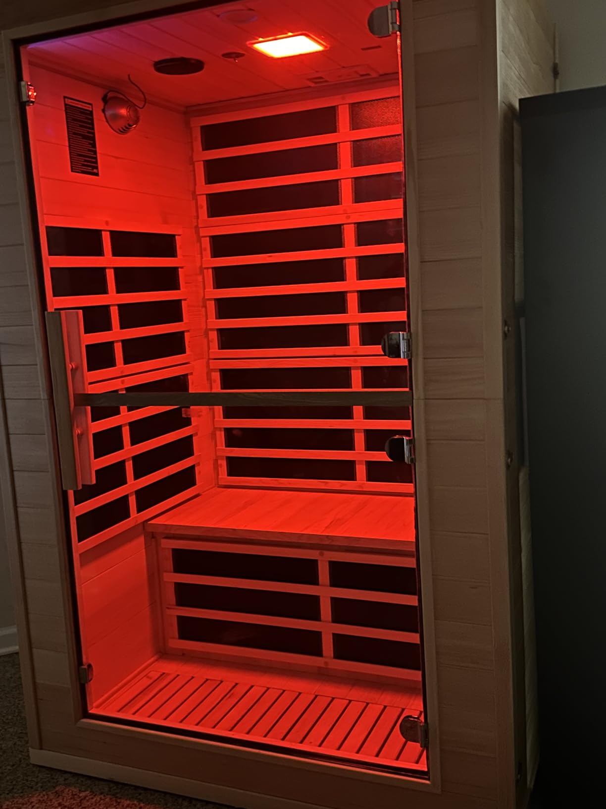 1 Person Indoor Infrared Sauna, Hemlock Wood Dry Sauna Cabin for Muscle Recovery & Home Wellness, 5 Panels, 7-Color Chromotherapy, Bluetooth, 110V/1200W, Easy Snap Setup, 104-140°F, Luxury Gift customer photo 1