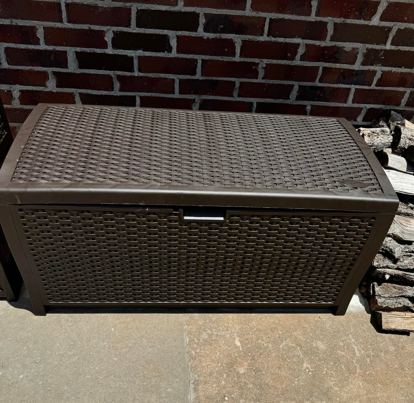 Suncast Outdoor Storage Box - 73 Gallon Mocha Brown Deck Box for Patio, weather-resistant Outdoor Storage Bench, Resin Wicker Style, Heavy-Duty, Lockable Lid for Cushions, Shoes, Pool & Garden Gear customer photo 1