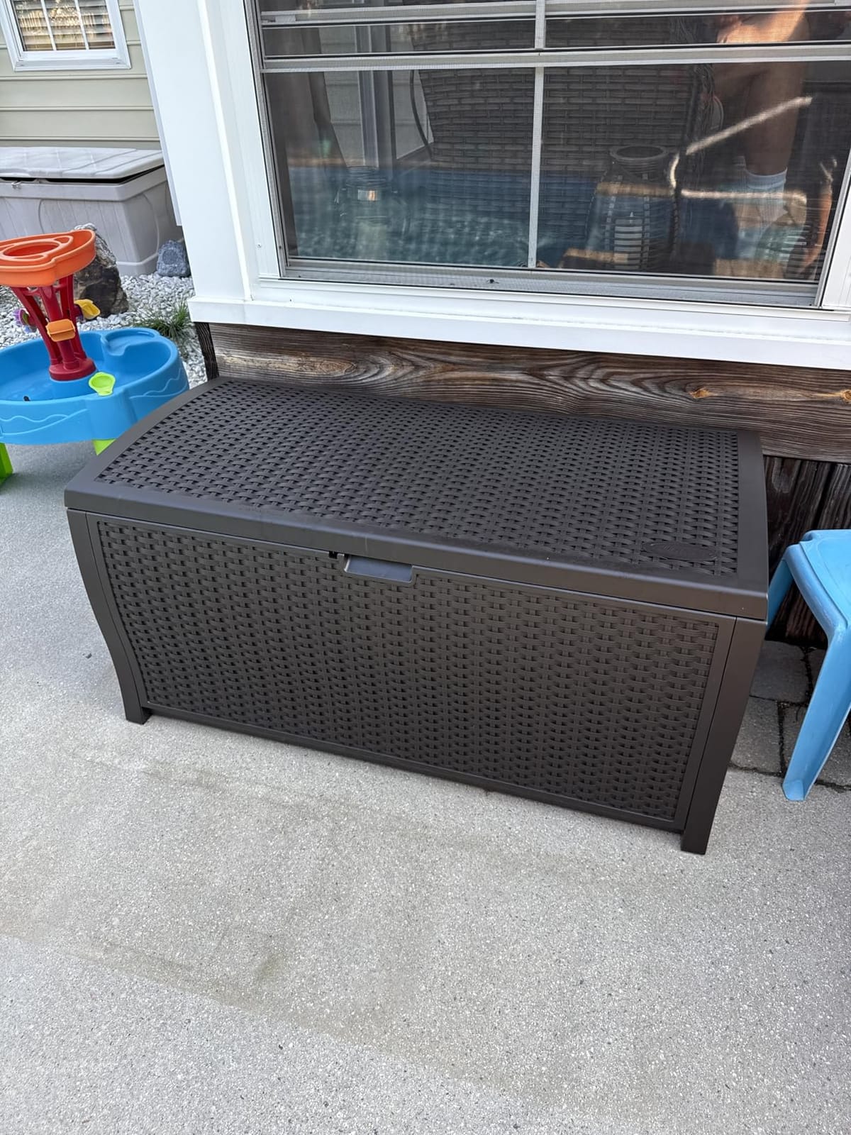 Suncast 99 Gal Wicker Resin Deck Box, Storage Chest Bin with Handles, Java customer photo 2