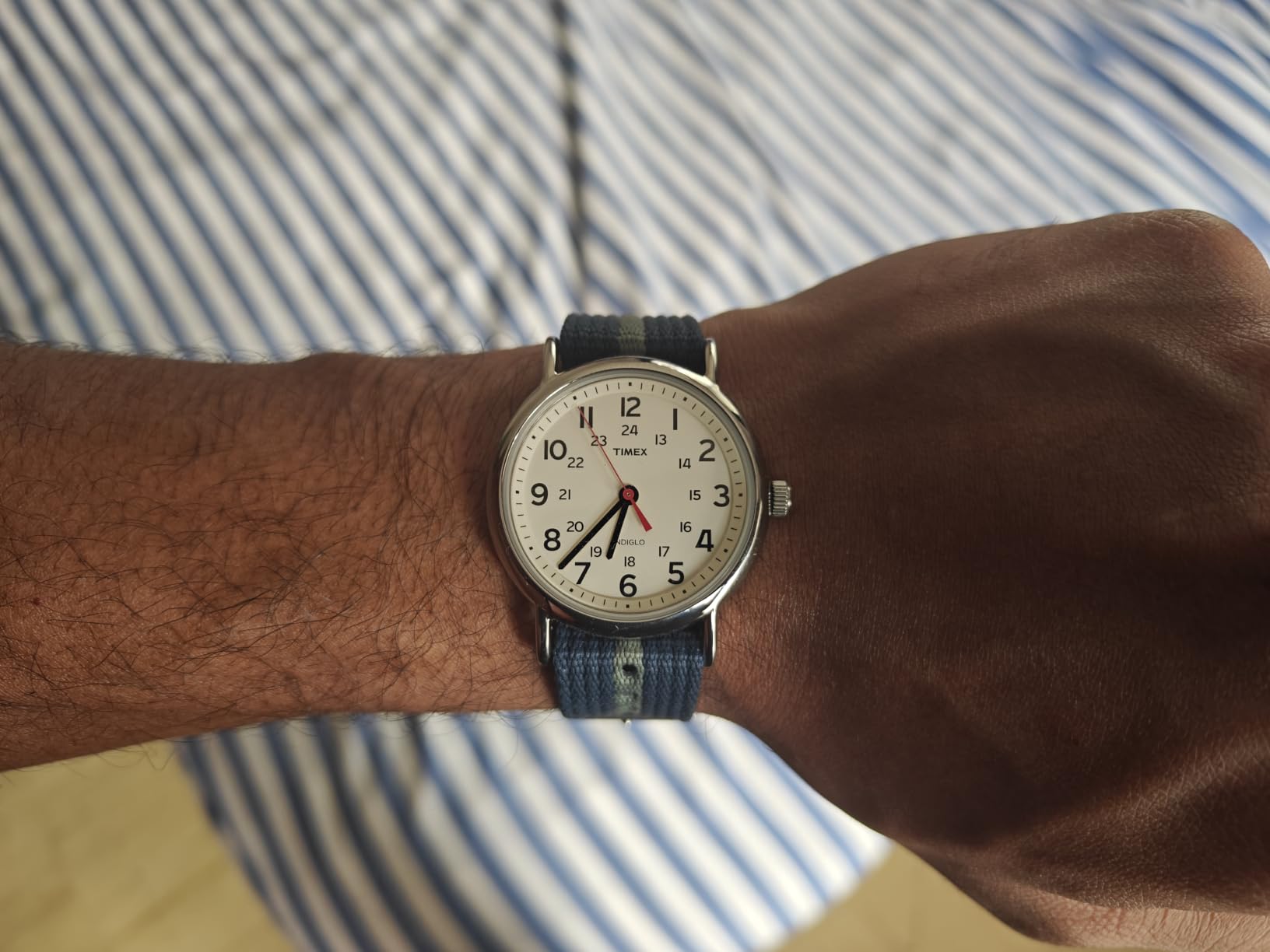 Timex Weekender 38mm Unisex Analog Watch, INDIGLO Backlight, Adjustable Durable Nylon Fabric Slip Through Strap, 24 Hour Time customer photo 2
