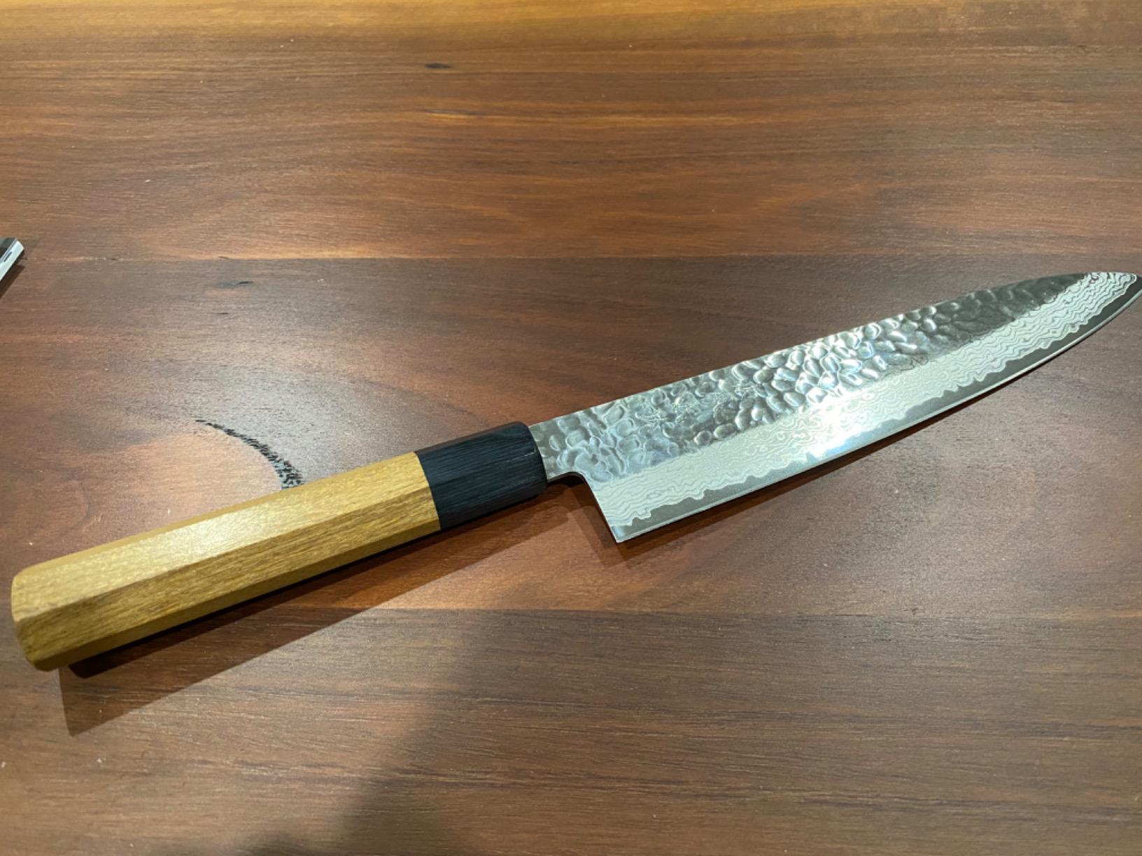 Yoshihiro VG10 46 Layers Hammered Damascus Gyuto Japanese Chefs Knife (Octagonal Ambrosia Handle) (8.25