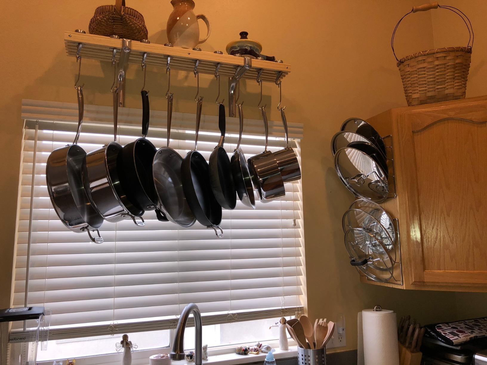 Cooks Standard Classic Ceiling Wood Pot Rack, 24x18 Inch Heavy Duty Hanging Cookware Organizer with Metal Grate & Solid Cast Aluminum Hooks, Movable Tracks Design customer photo 1
