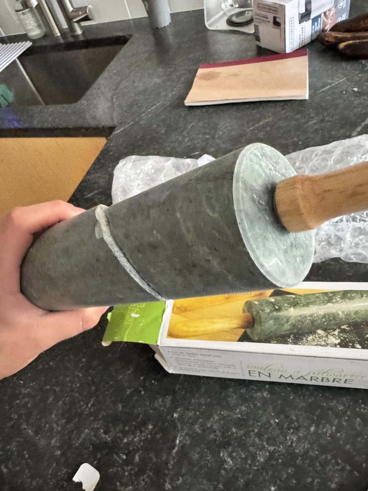 Fox Run Marble Rolling Pin and Base, Green 2.5 x 18 x 3 inches | Smooth Rolling Nylon Bearings | Marble Is Naturally Cool & Nonstick For Easy Rolling | Wooden Handles & Stand | Baking Gadget customer photo 2