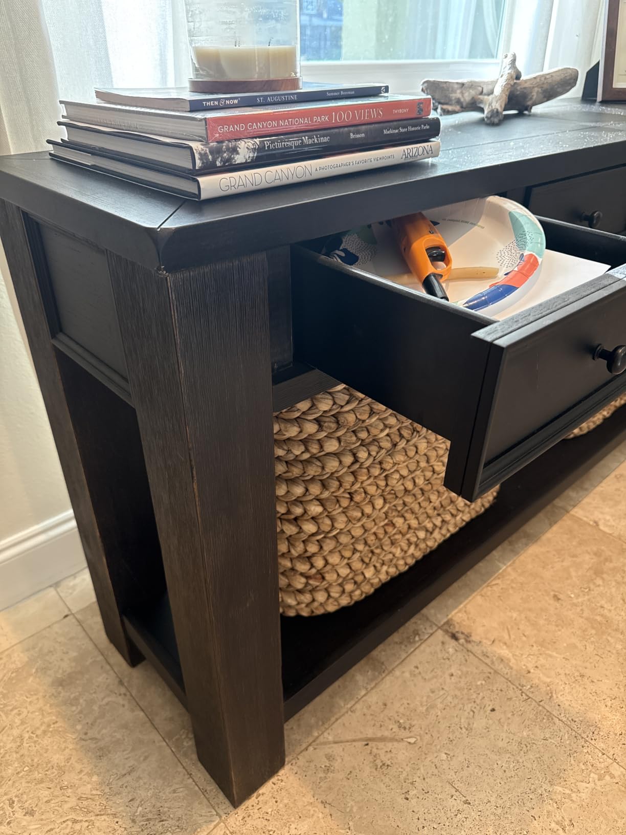 Signature Design by Ashley Gavelston Sofa Table, Couch Table with Drawers & Shelf, Hand-Finished Wood Console for Living Room or Entryway, Weathered Black customer photo 1