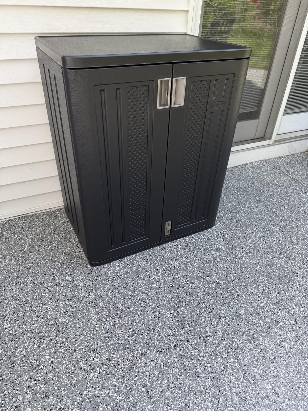 Suncast Base Storage Cabinet for Garage Organization, 9 Cu. Ft. Capacity, Platinum Metallic & Slate - Lockable Multi-Wall 2-Shelf Resin Organizer for Garden Supplies, Paint Cans & Outdoor Tools customer photo 1