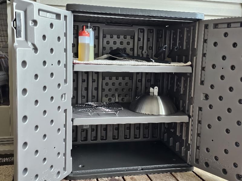 Suncast Base Storage Cabinet for Garage Organization, 9 Cu. Ft. Capacity, Platinum Metallic & Slate - Lockable Multi-Wall 2-Shelf Resin Organizer for Garden Supplies, Paint Cans & Outdoor Tools customer photo 2