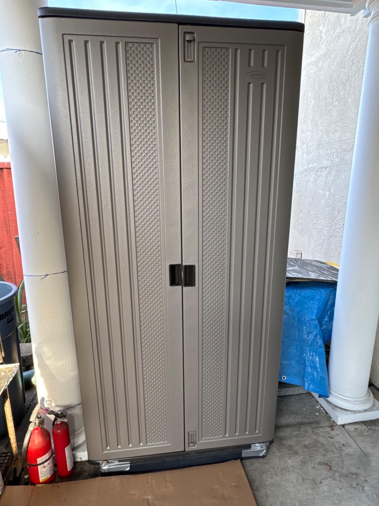 Suncast Mega Tall Storage Cabinet for Garage Organization - 31 Cu. Ft. Lockable Utility Closet with 3 Adjustable Shelves for Garden Supplies & Outdoor Tools, Multi-Wall Resin Construction, Platinum customer photo 2
