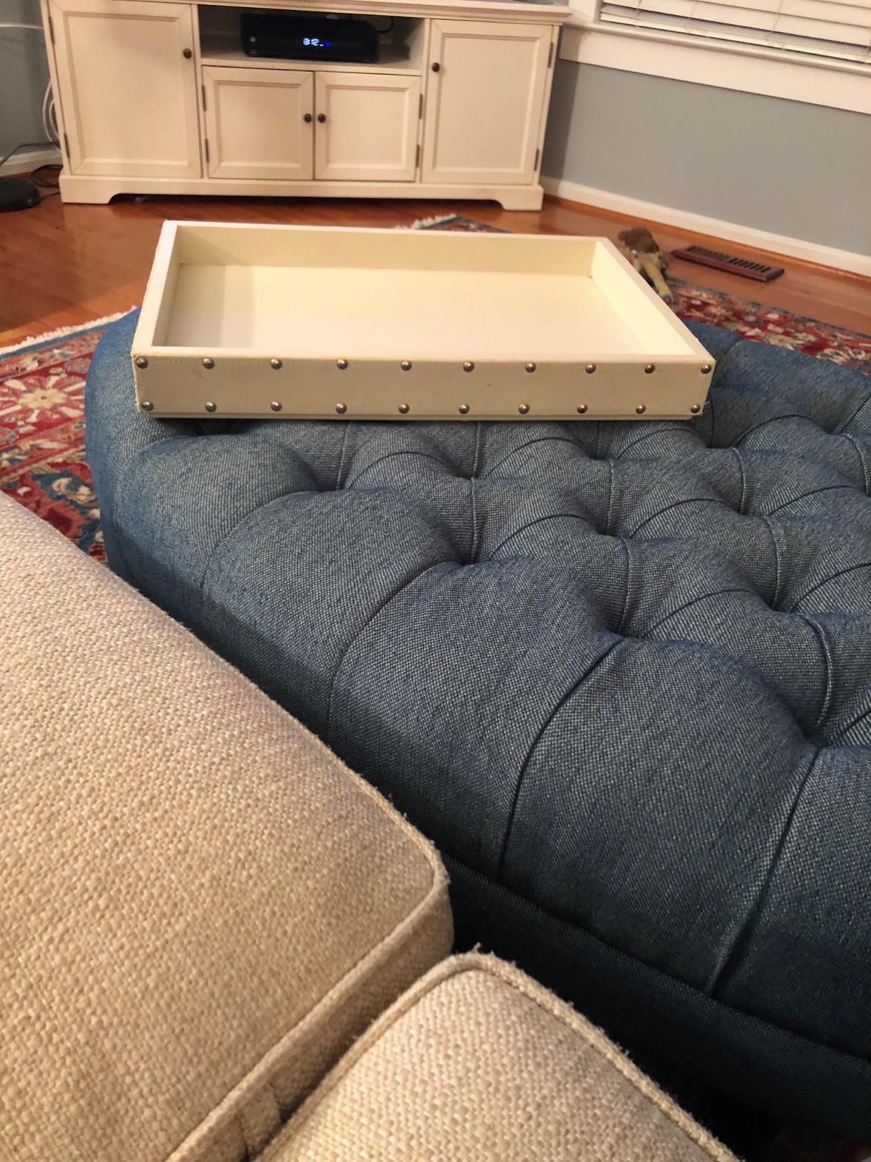 Madison Park Martin Oval Surfboard Tufted Cocktail Ottoman Soft Fabric, All Foam, Wood Frame Modern Coffee Table Living Room Lounge Furniture, Linen, 48