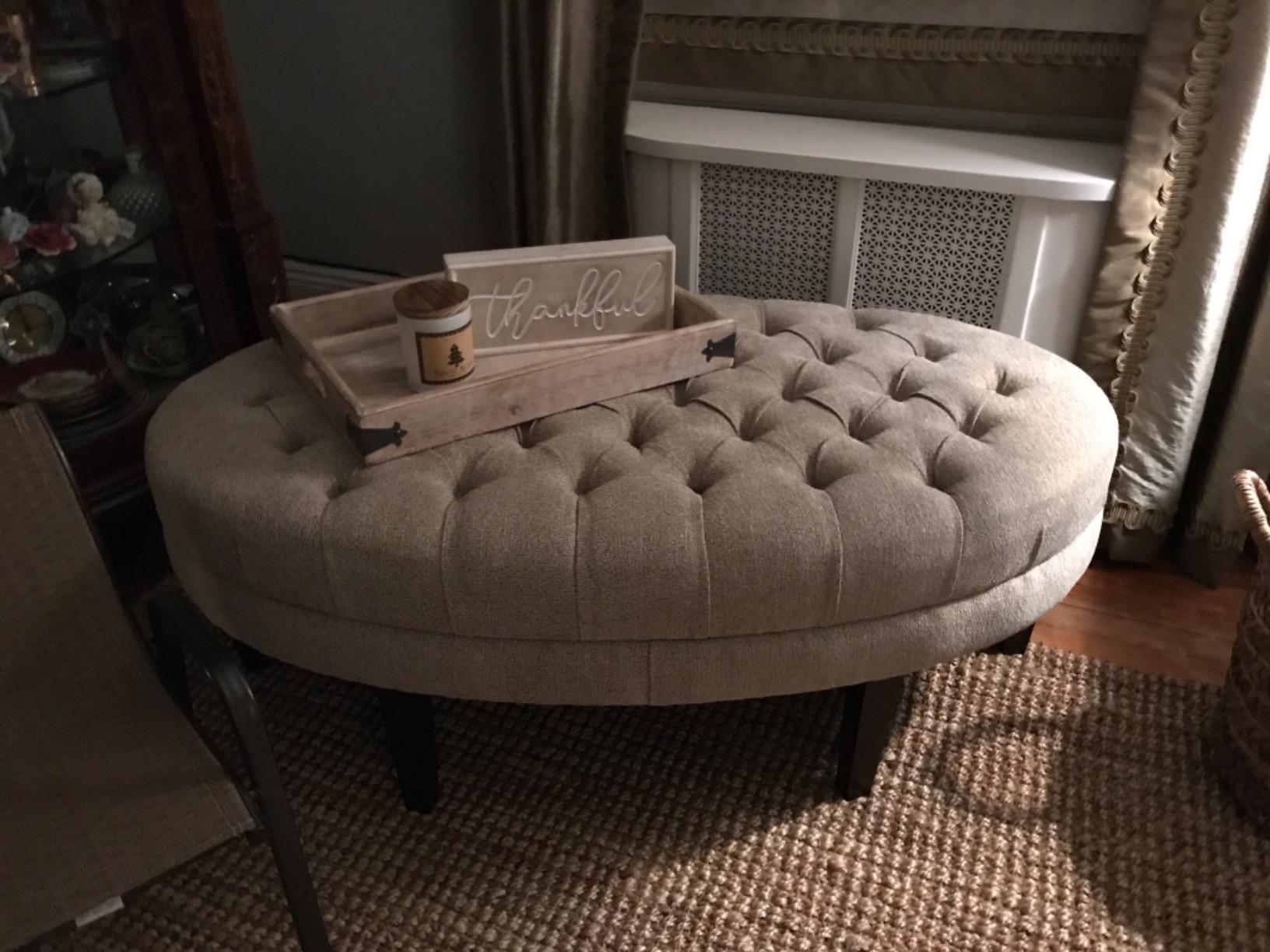 Madison Park Martin Oval Surfboard Tufted Cocktail Ottoman Soft Fabric, All Foam, Wood Frame Modern Coffee Table Living Room Lounge Furniture, Linen, 48