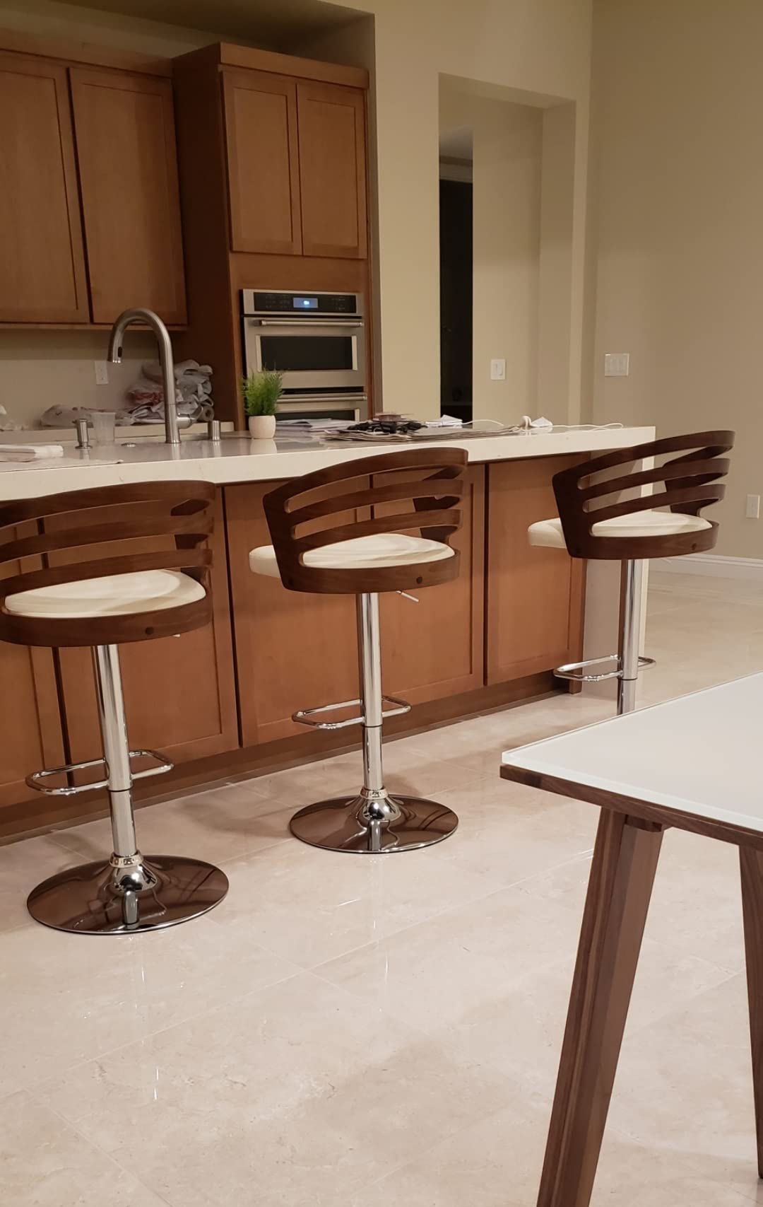 Armen Living London Modern Adjustable Height Swivel Black Faux Leather and Walnut Wood Bar Stool with Chrome Base for Kitchen Island Counter customer photo 1
