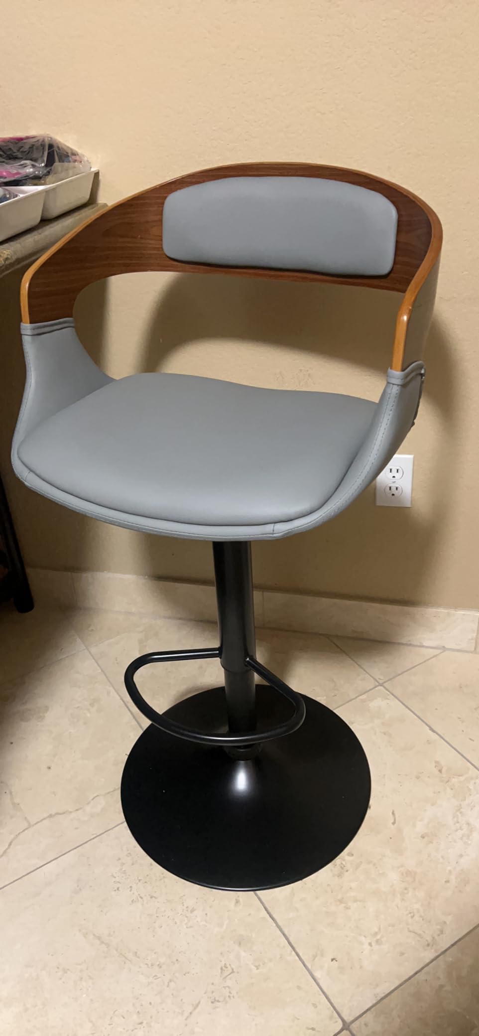Armen Living London Modern Adjustable Height Swivel Black Faux Leather and Walnut Wood Bar Stool with Chrome Base for Kitchen Island Counter customer photo 2