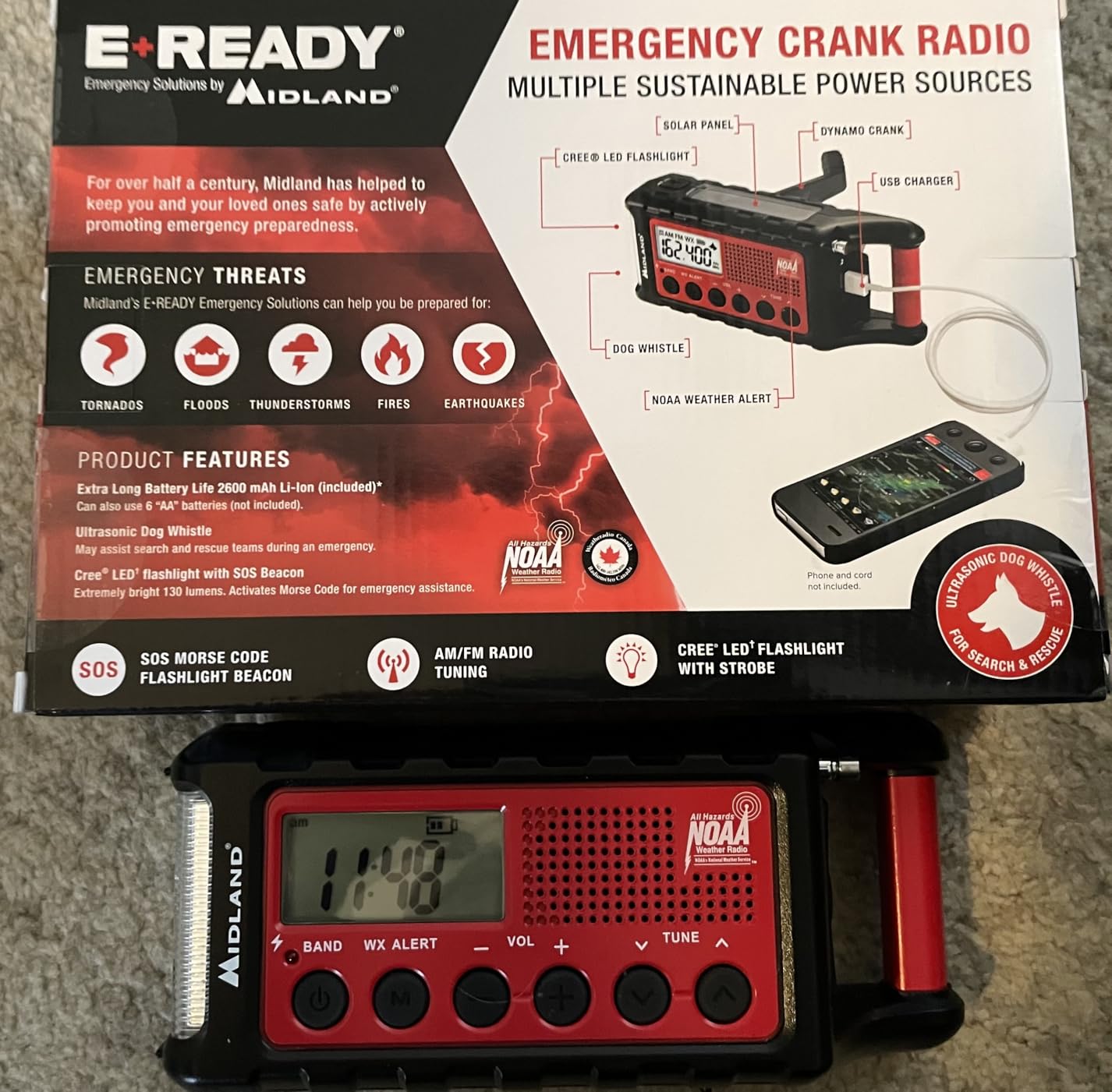 Midland - ER310, Emergency Crank Weather AM/FM Radio - Red/Black | Multiple Power Sources, SOS Emergency Flashlight, Ultrasonic Dog Whistle, & NOAA Weather Scan + Alert customer photo 2