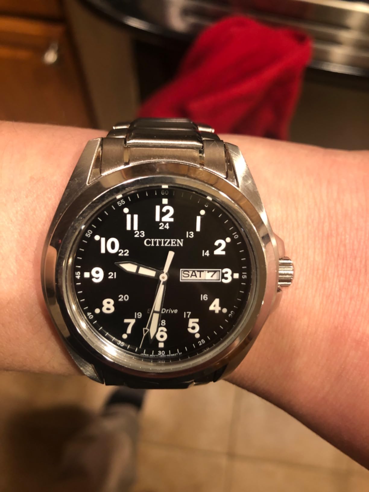 Citizen Men's Eco-Drive Weekender Garrison Field Watch in Stainless Steel, Black Dial, Arabic Markers, Luminous, 43mm (Model: AW0050-82E) customer photo 2