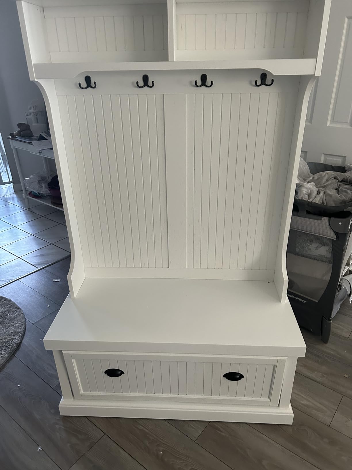 Crosley Furniture Seaside Hall Tree with Shoe Rack Bench and Coat Hooks for Hanging Storage, Distressed White customer photo 1