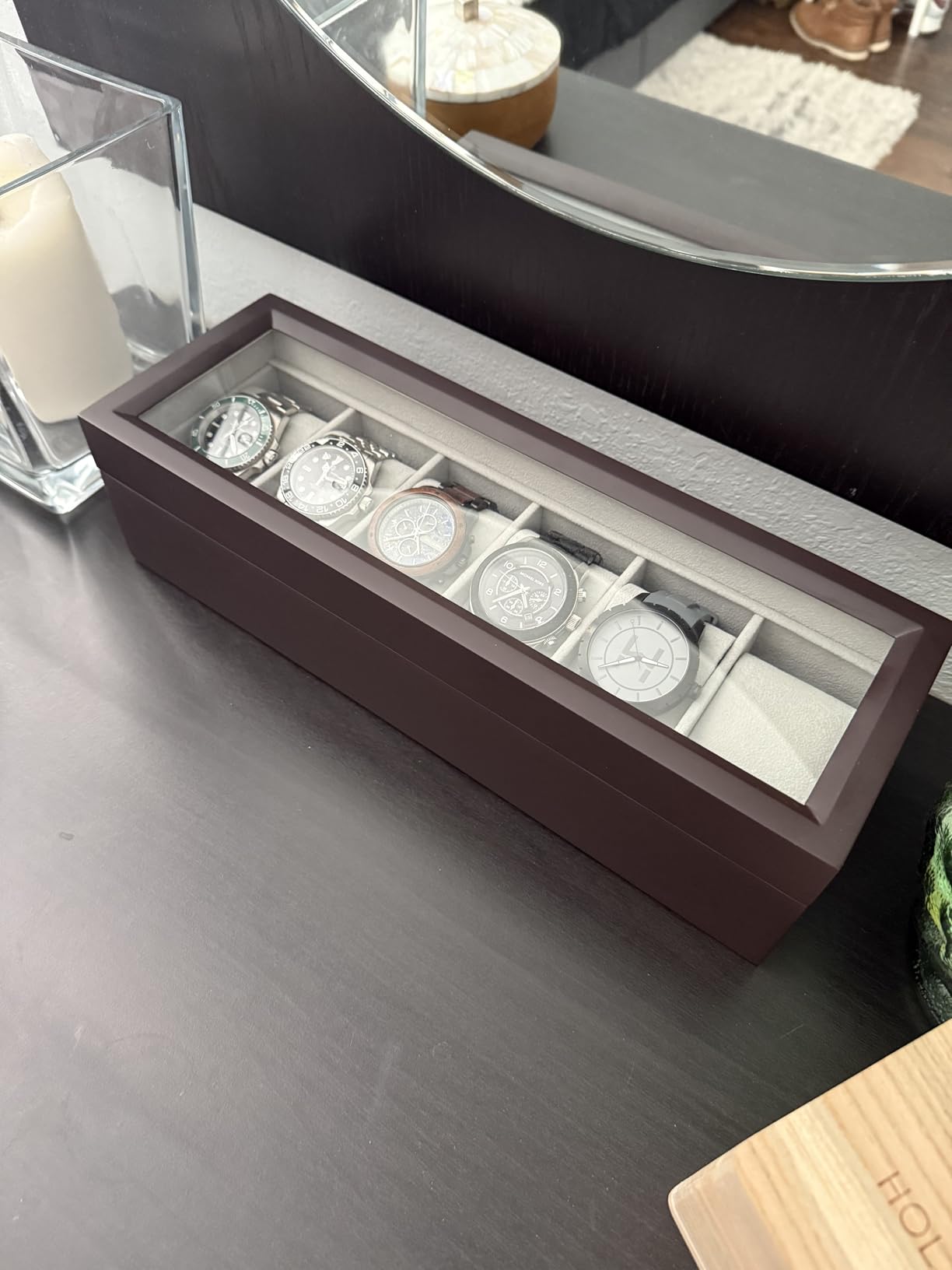 CASE ELEGANCE 6-Slot Wood Watch Box with Glass Top, Espresso, Solid Wood, Magnetic Closure, Pillow Stands customer photo 1