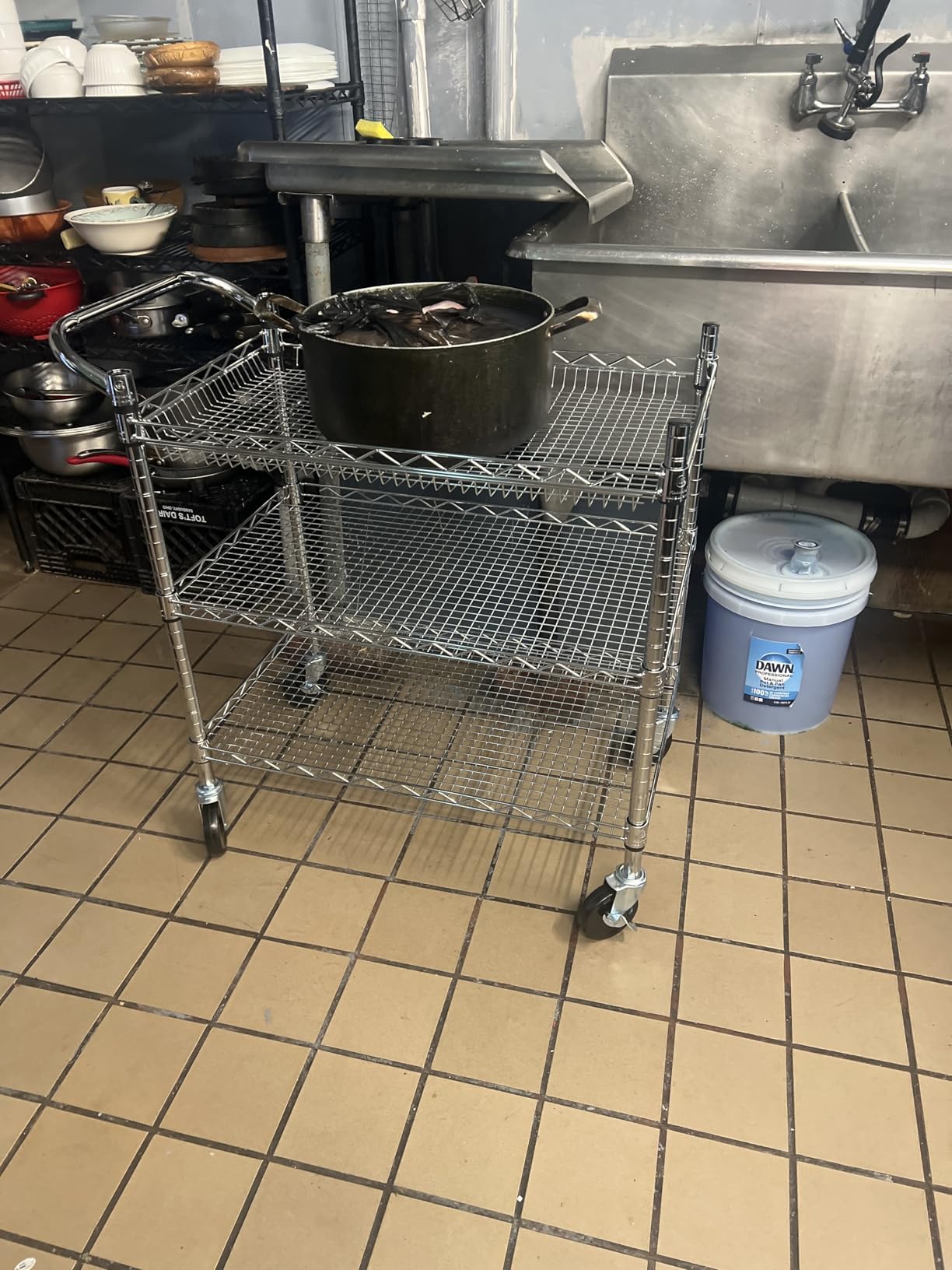 Finnhomy 3 Tier Heavy Duty Commercial Grade Utility Cart, Wire Rolling Cart with Handle Bar, Steel Service Cart with Wheels, Utility Shelf Plant Display Shelf Food Storage Trolley, NSF Listed customer photo 1