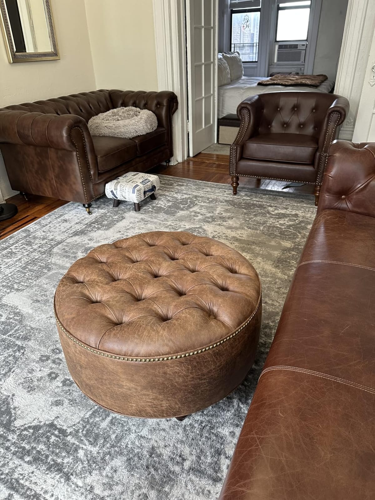 30 Inch Distressed Vegan Leather, Tufted Coffee Table Ottoman customer photo 1