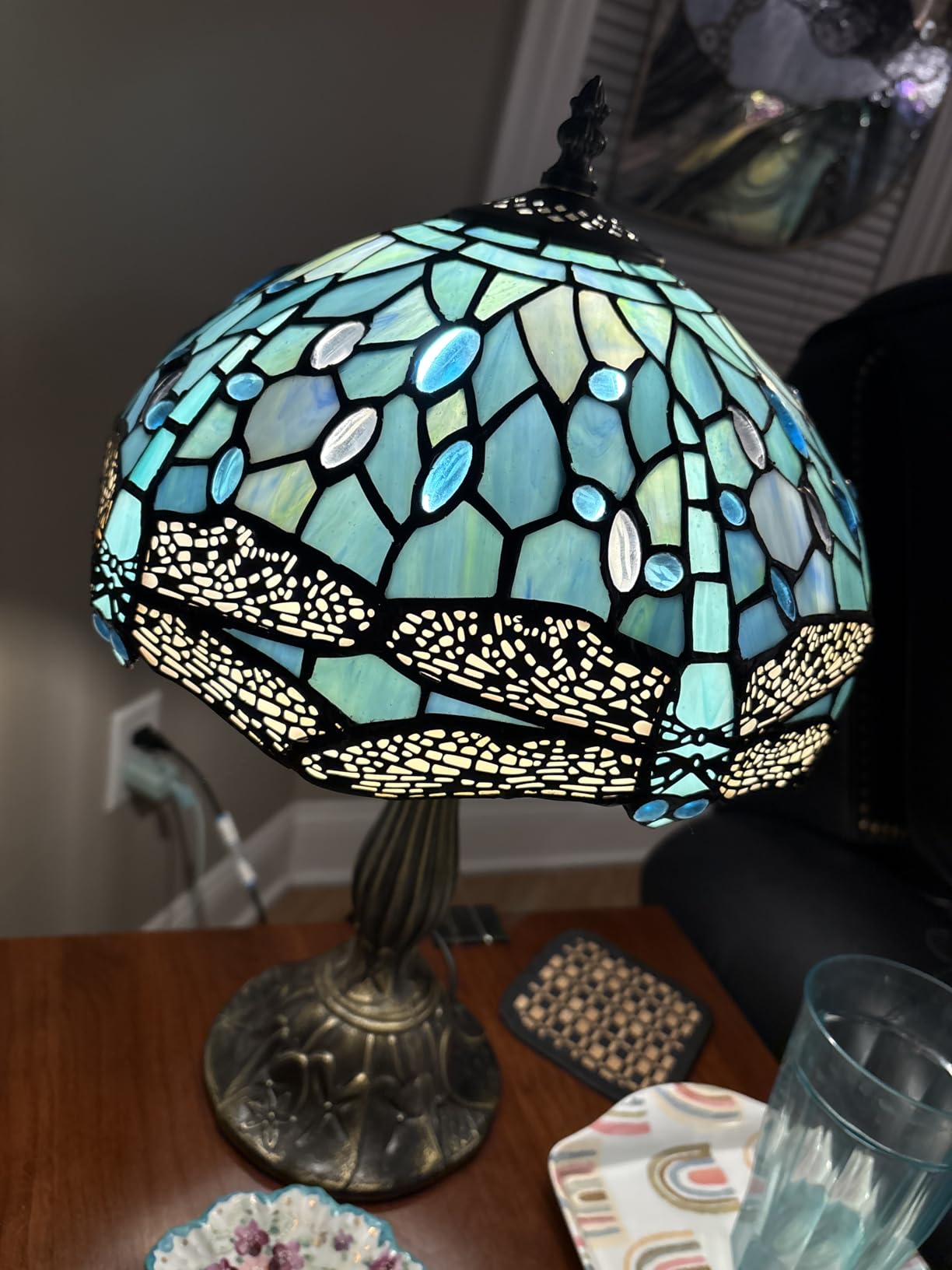 WERFACTORY Tiffany Lamp Sea Blue Stained Glass Table Lamp 18 Inch Dragonfly | 12X12X18 Inches Desk Reading Light S147 Series Style customer photo 1