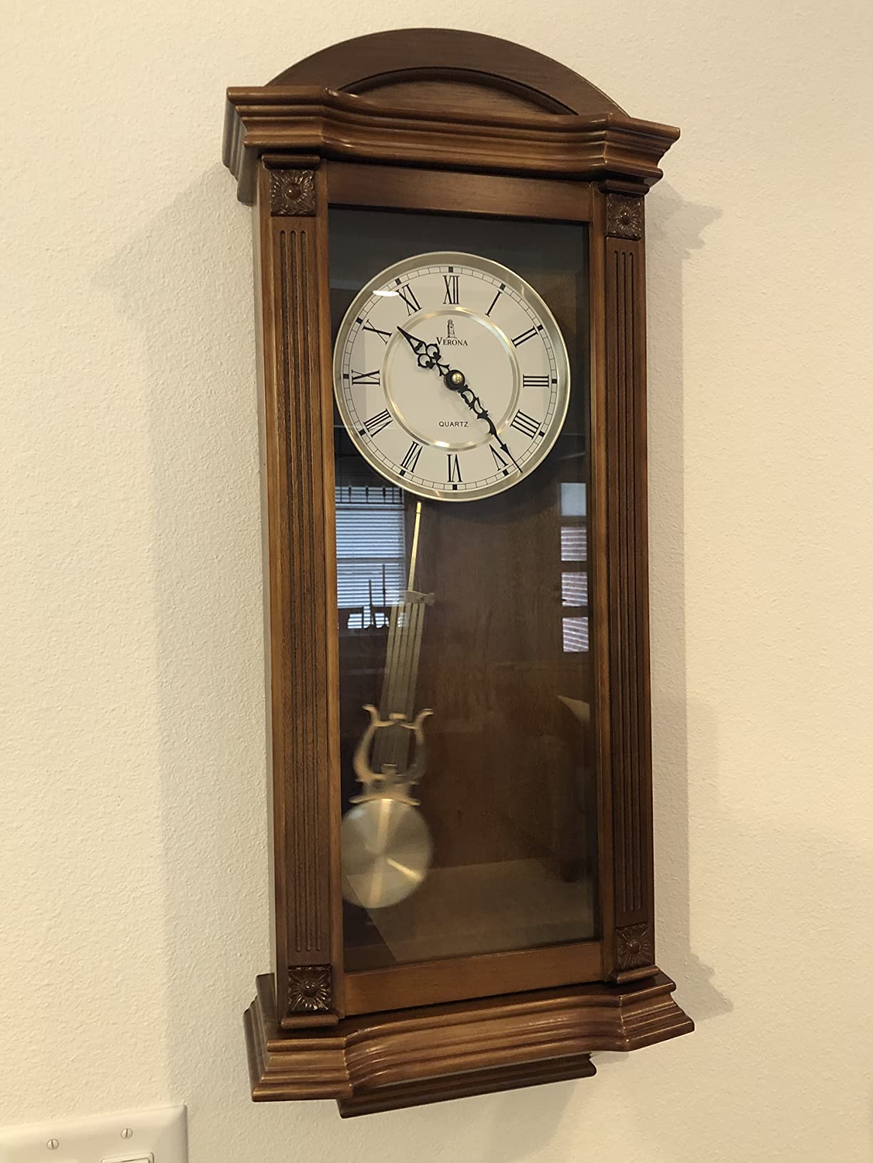 Grandfather Wall Clock with Pendulum, Large Hanging Wooden Clock, Quiet | Solid Wood Clock 26 x 12 Inch, Non-Chiming Battery Operated, Home Decor for Living Room, Entryway, Hallway customer photo 1