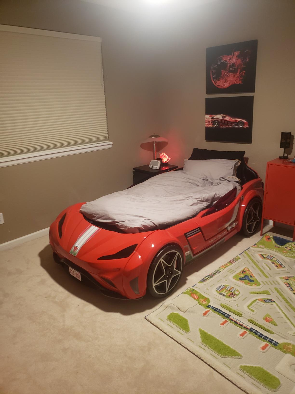 Cilek GTS EV Twin Race Car Bed for Boys with Remote Control, LED Lights & Sounds, Vegan Leather Headboard, Guardrails, Non-Toxic, Fits Twin Mattress, 250 lbs. Capacity, Suitable for ages 3-12, Black customer photo 1