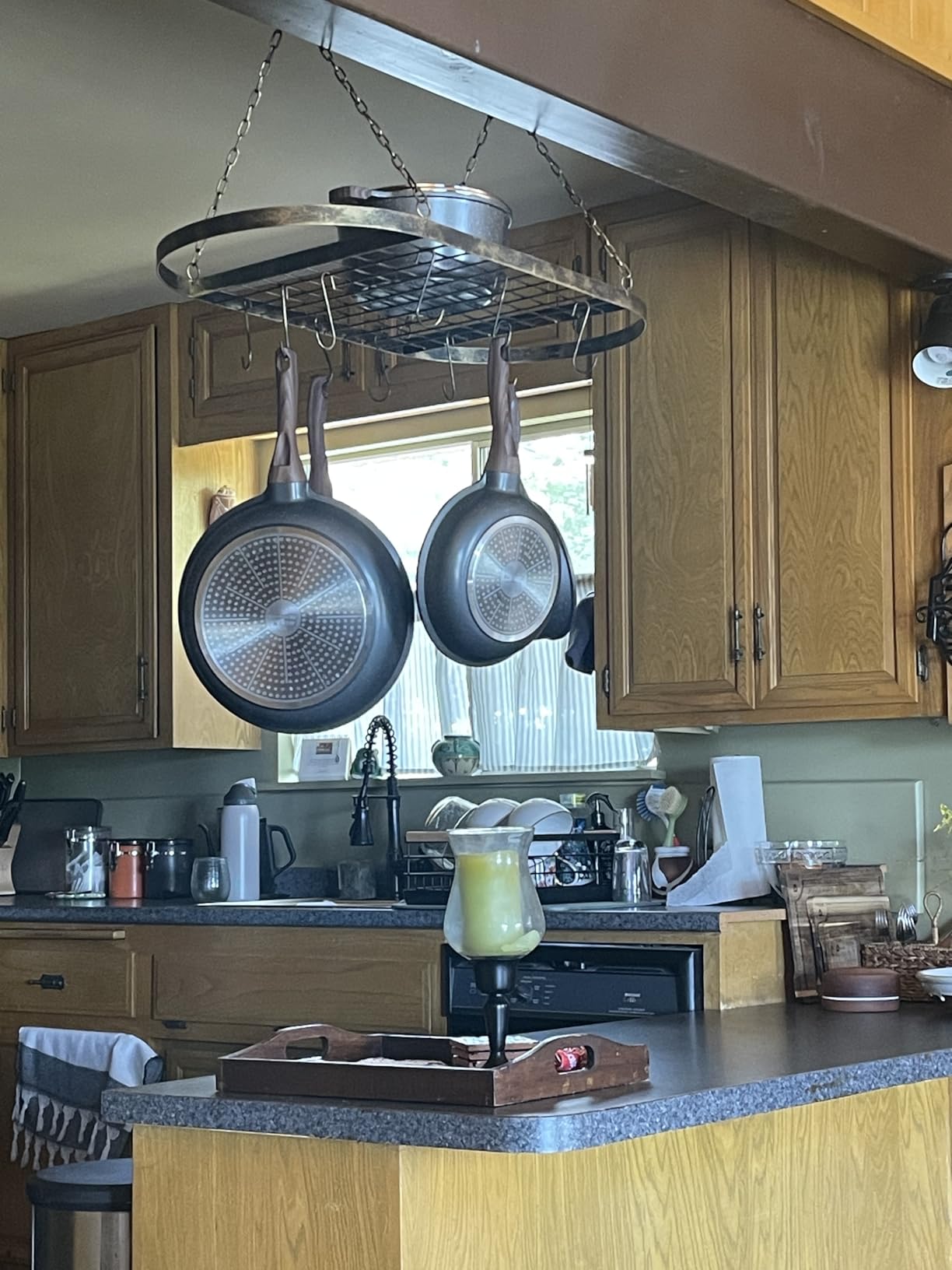 Sorbus Hanging Pot Rack, Ceiling-Mount Kitchen Organizer (Black) | Decorative oval fixture with hooks arranges cookware, utensils and books for practical overhead use in homes or restaurants. customer photo 2